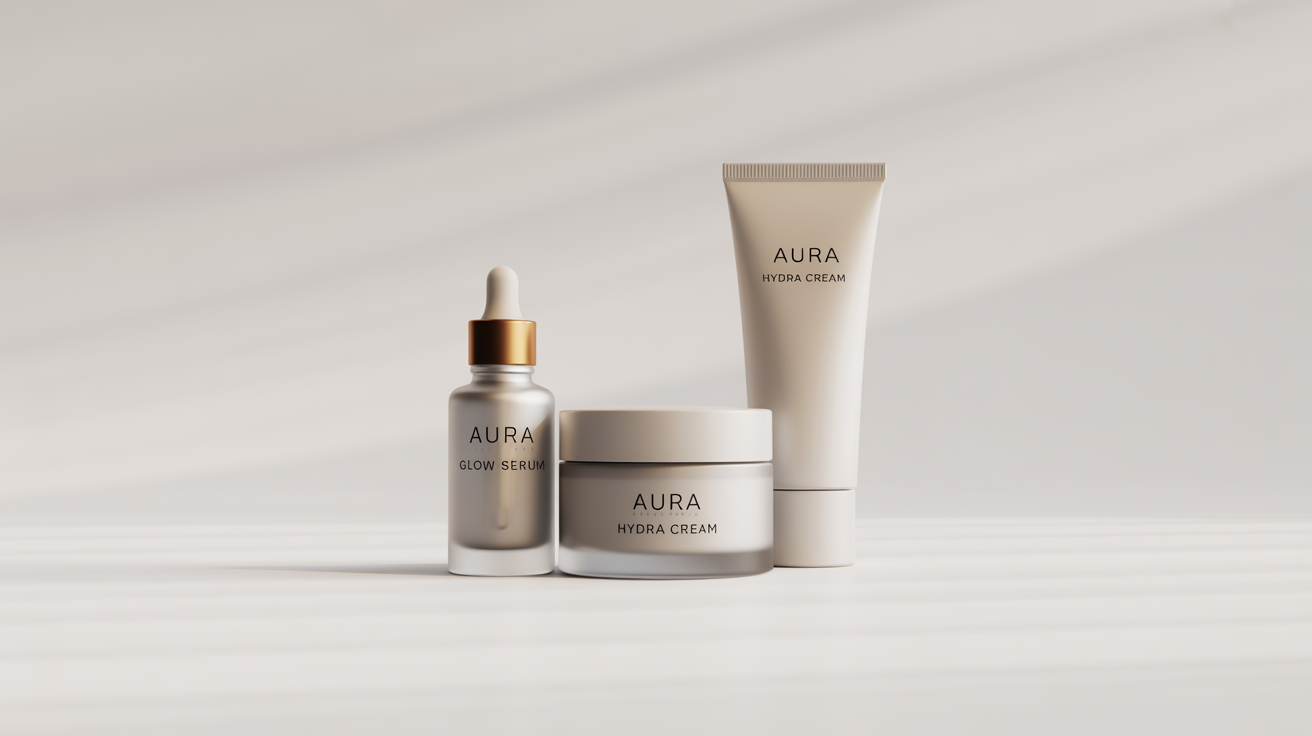 A photorealistic mockup of a luxury cosmetic product line, including a serum bottle, cream jar, and lotion tube, in elegant white and gold packaging against a solid white background.