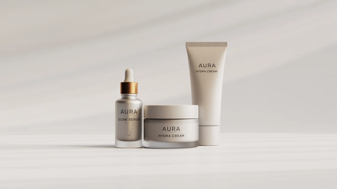 A photorealistic mockup of a luxury cosmetic product line, including a serum bottle, cream jar, and lotion tube, in elegant white and gold packaging against a solid white background.