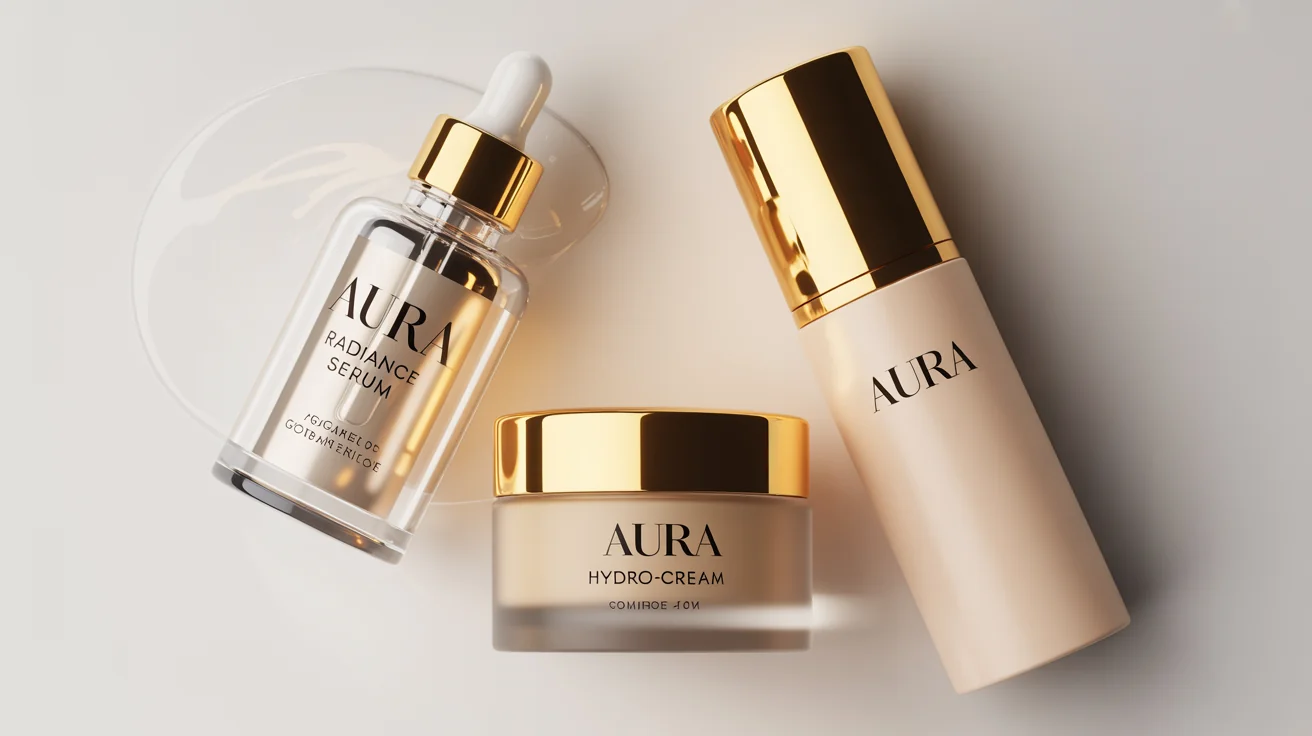 A photorealistic mockup of a luxury cosmetic product line featuring a serum bottle, cream jar, and tube with minimalist white and gold packaging, displayed against a clean white background.