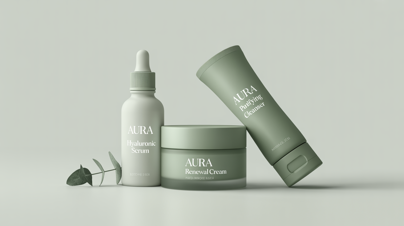 A minimalist mockup of a cosmetic product line named 'AURA', featuring a serum bottle, a cream jar, and a cleanser tube in a white and sage green color scheme with gold lettering, arranged on a clean white background.
