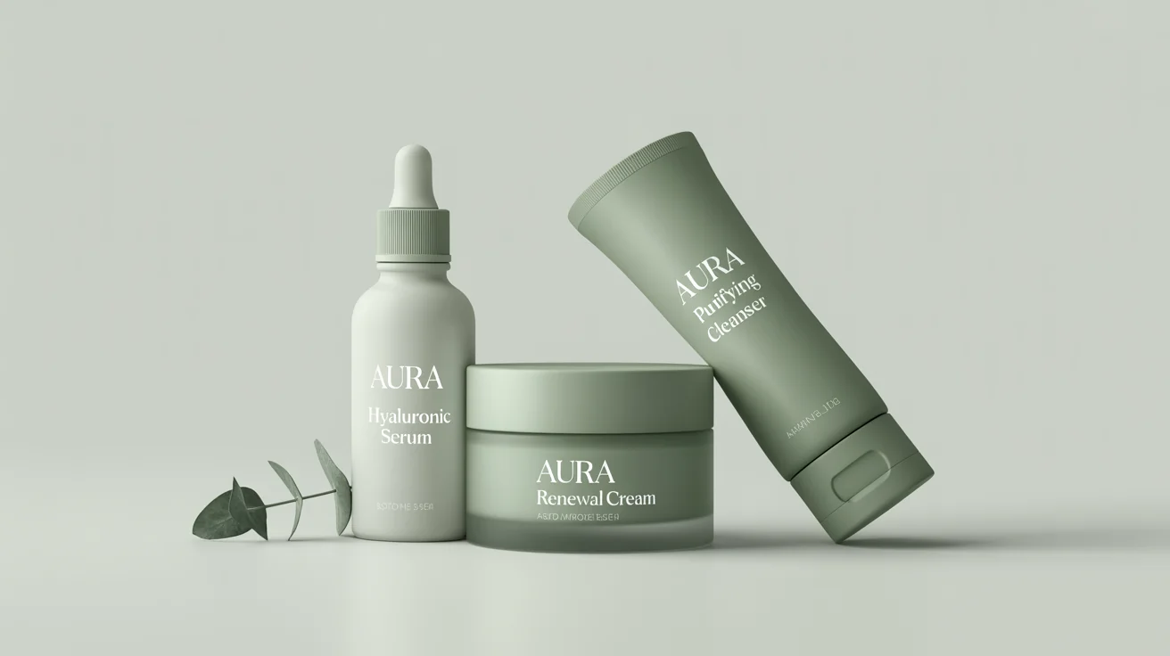 A minimalist mockup of a cosmetic product line named 'AURA', featuring a serum bottle, a cream jar, and a cleanser tube in a white and sage green color scheme with gold lettering, arranged on a clean white background.