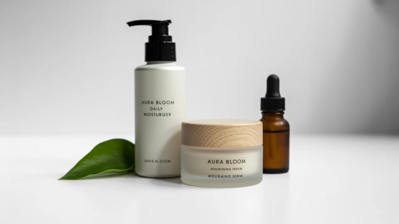 A minimalist mockup of cosmetic packaging for the brand 'Aura Bloom', featuring a white pump bottle, a glass jar, and a dropper bottle on a clean white background.