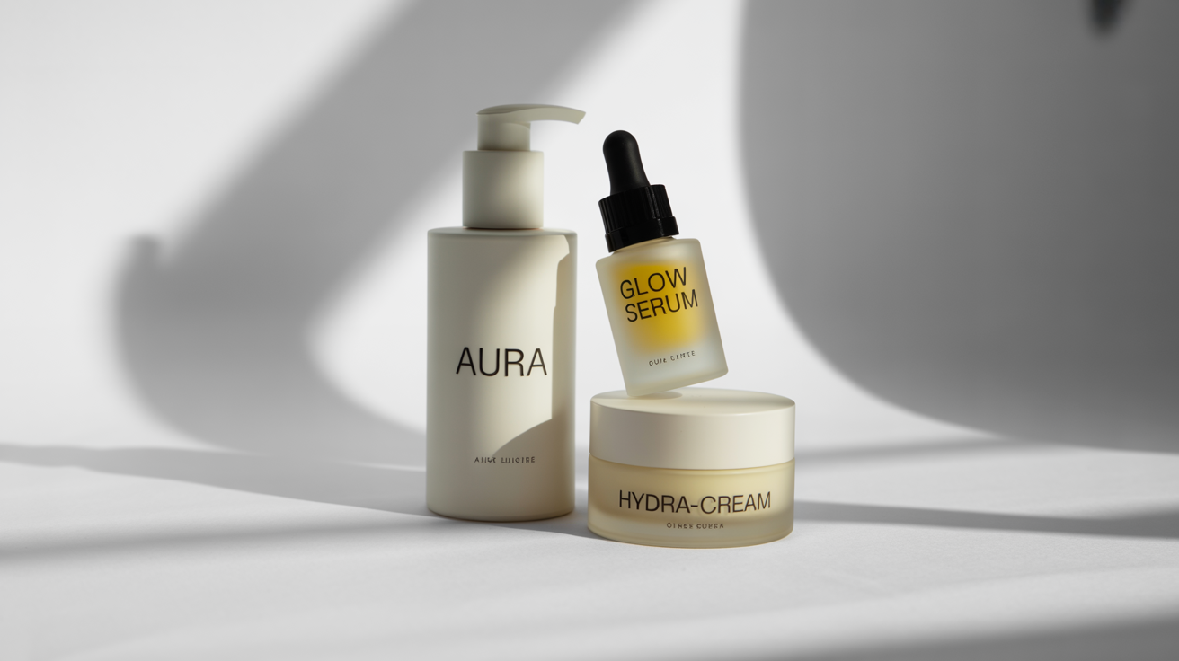 A photorealistic mockup of luxury cosmetic packaging, featuring a white pump bottle, a frosted serum dropper, and a cream jar, all with minimalist branding, arranged on a clean white background.