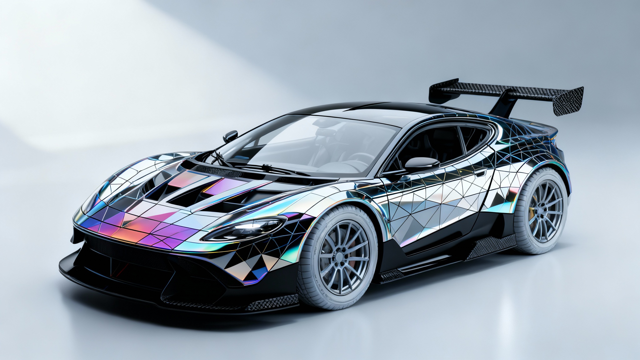 A photorealistic render of a modern sports car in a studio, the final result of a texturing application. The car features a complex geometric pattern in iridescent and matte black, with carbon fiber accents and glossy wheels.