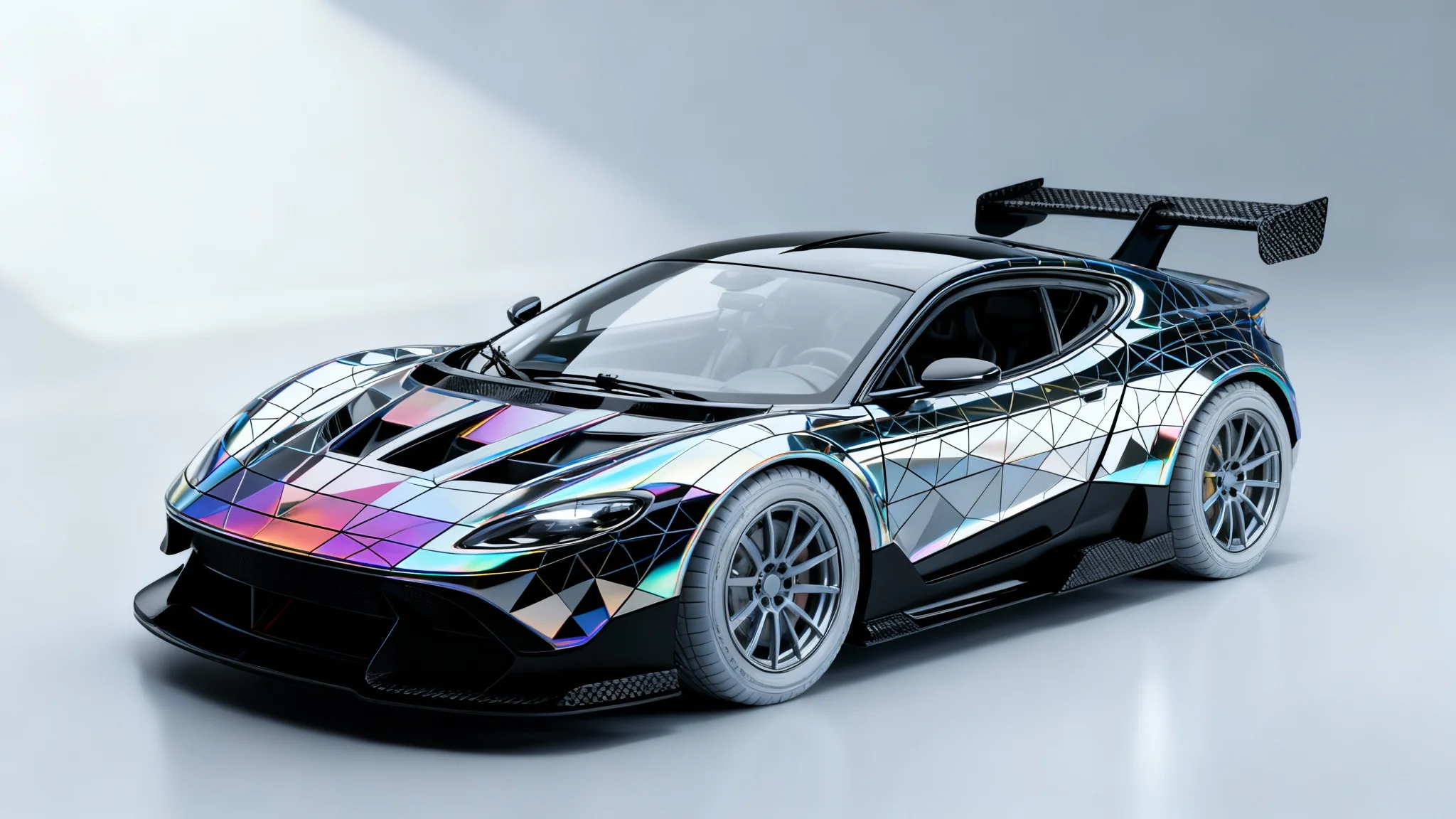 A photorealistic render of a modern sports car in a studio, the final result of a texturing application. The car features a complex geometric pattern in iridescent and matte black, with carbon fiber accents and glossy wheels.