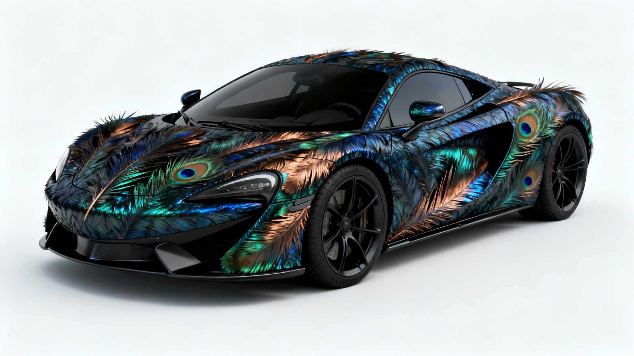 A luxury sports car with its body textured to look like shimmering peacock feathers, photographed in a clean white studio.