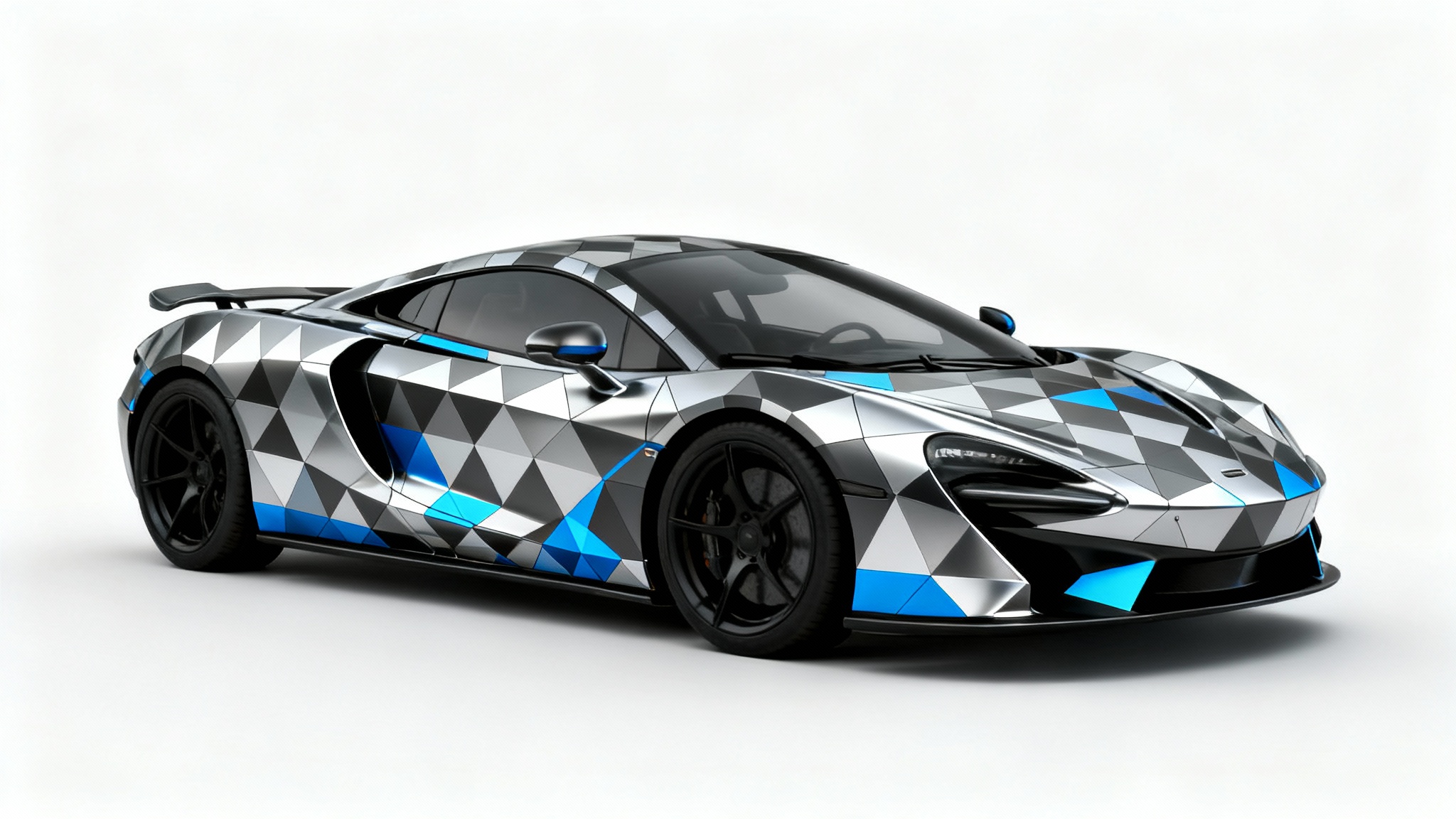 A modern sports car with an intricate, geometric pattern texture in charcoal, silver, and blue, showcased against a clean white background.