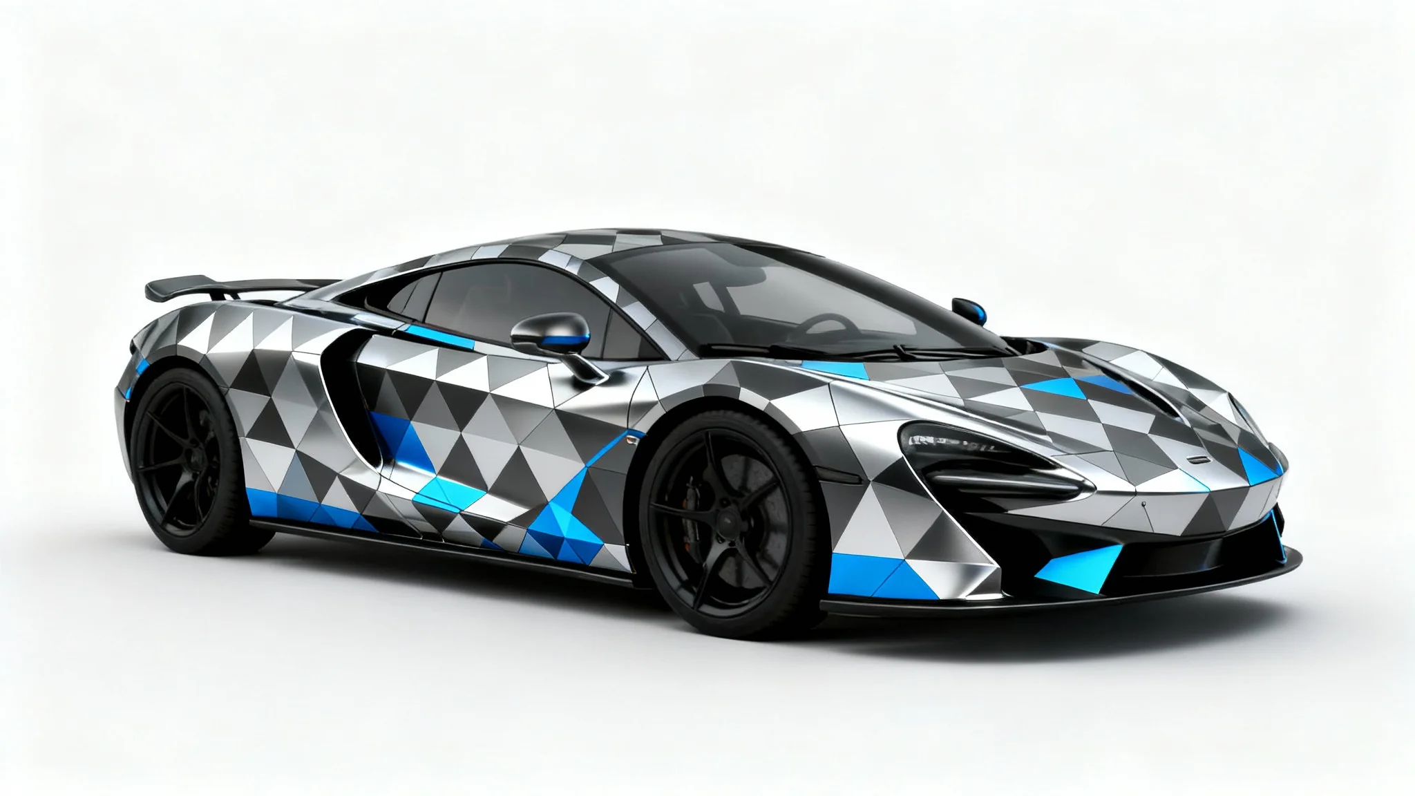 A modern sports car with an intricate, geometric pattern texture in charcoal, silver, and blue, showcased against a clean white background.