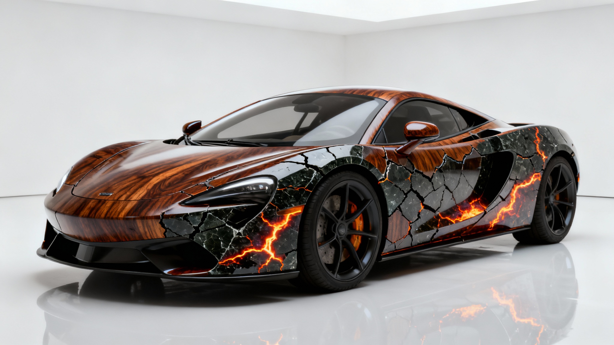 A photorealistic image of a sports car with a unique, high-gloss texture combining dark wood grain and cracked obsidian with glowing magma, set against a plain white background.