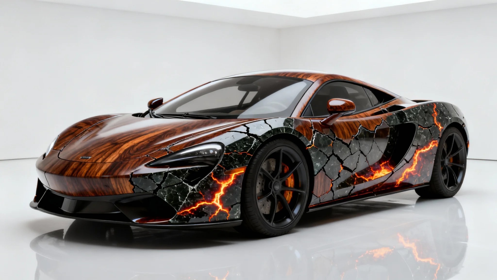 A photorealistic image of a sports car with a unique, high-gloss texture combining dark wood grain and cracked obsidian with glowing magma, set against a plain white background.
