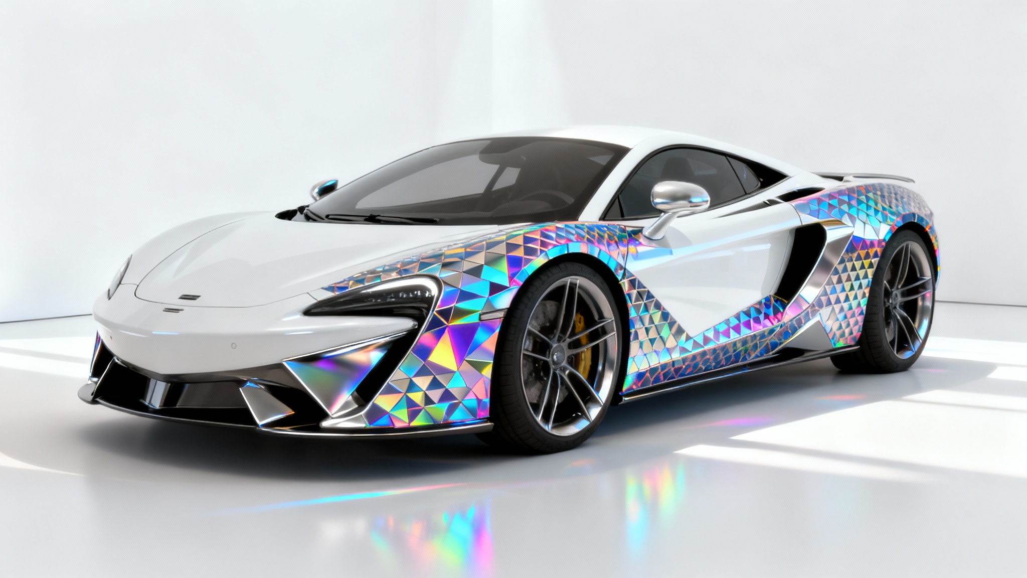 A sleek, modern sports car on a white background, with a vibrant and complex geometric texture being applied to its surface, showcasing a digital texturing effect.