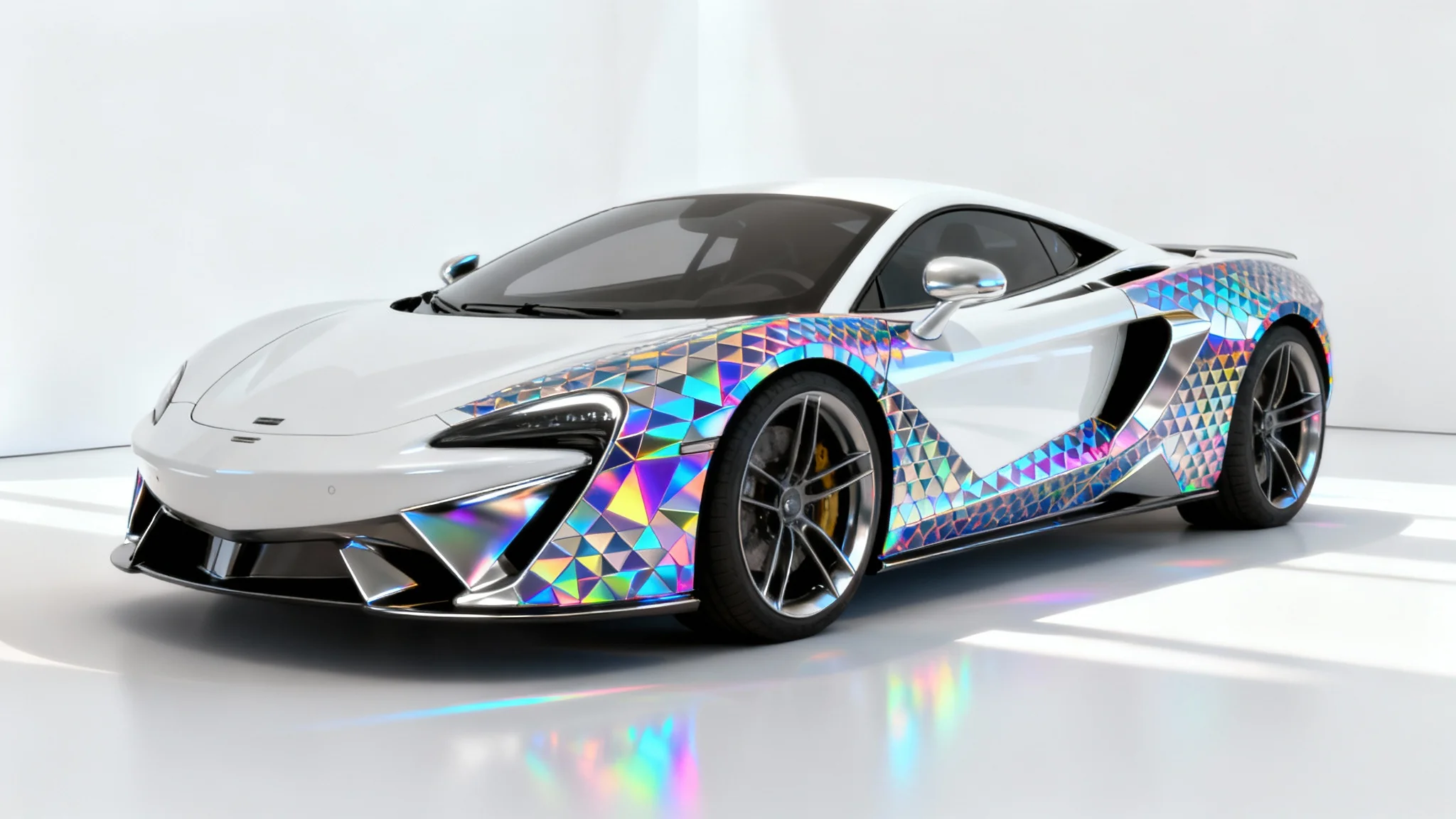 A sleek, modern sports car on a white background, with a vibrant and complex geometric texture being applied to its surface, showcasing a digital texturing effect.