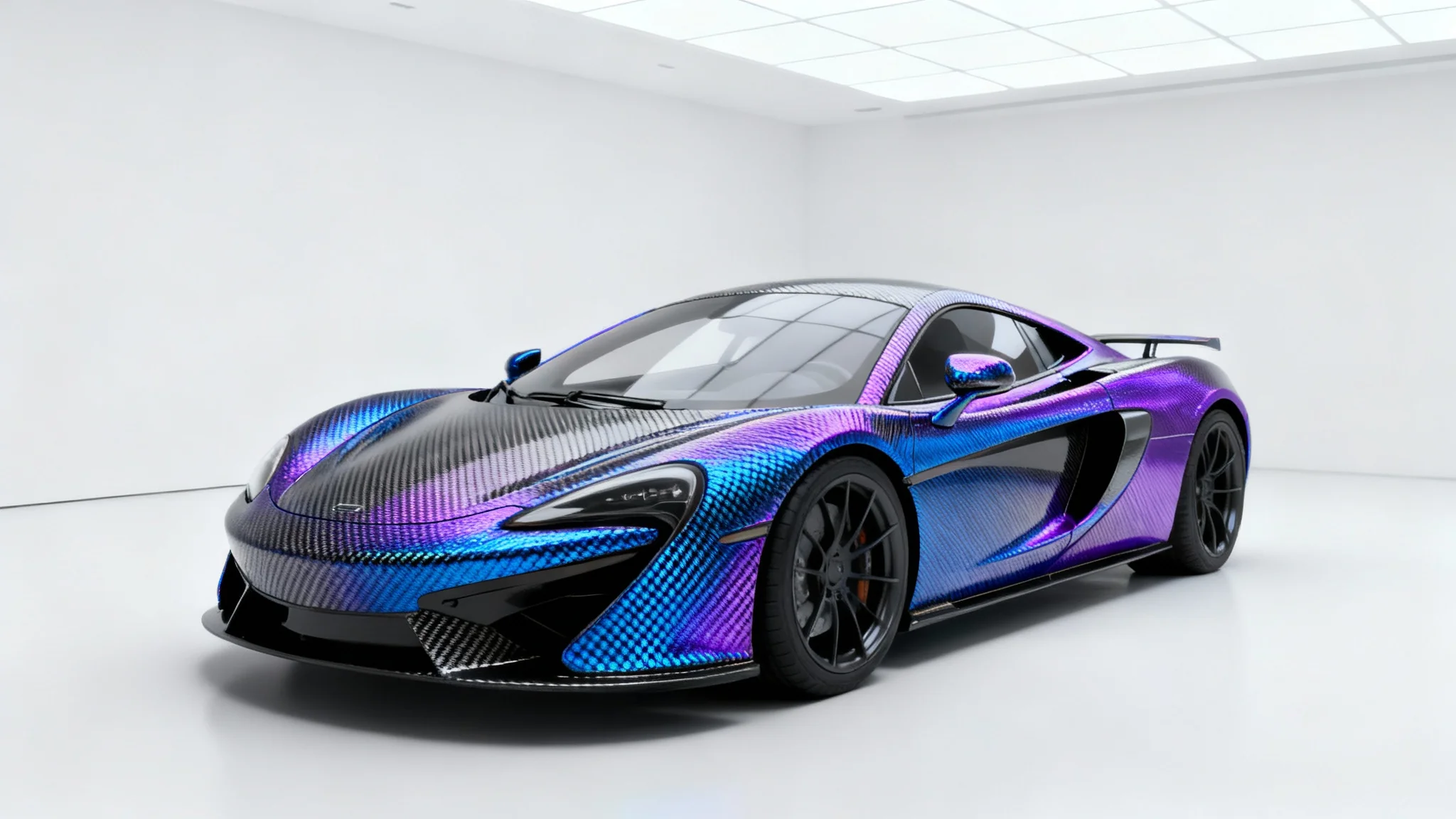 A photorealistic image of a modern sports car with a custom, detailed texture combining carbon fiber and iridescent colors, showcased on a clean white background.