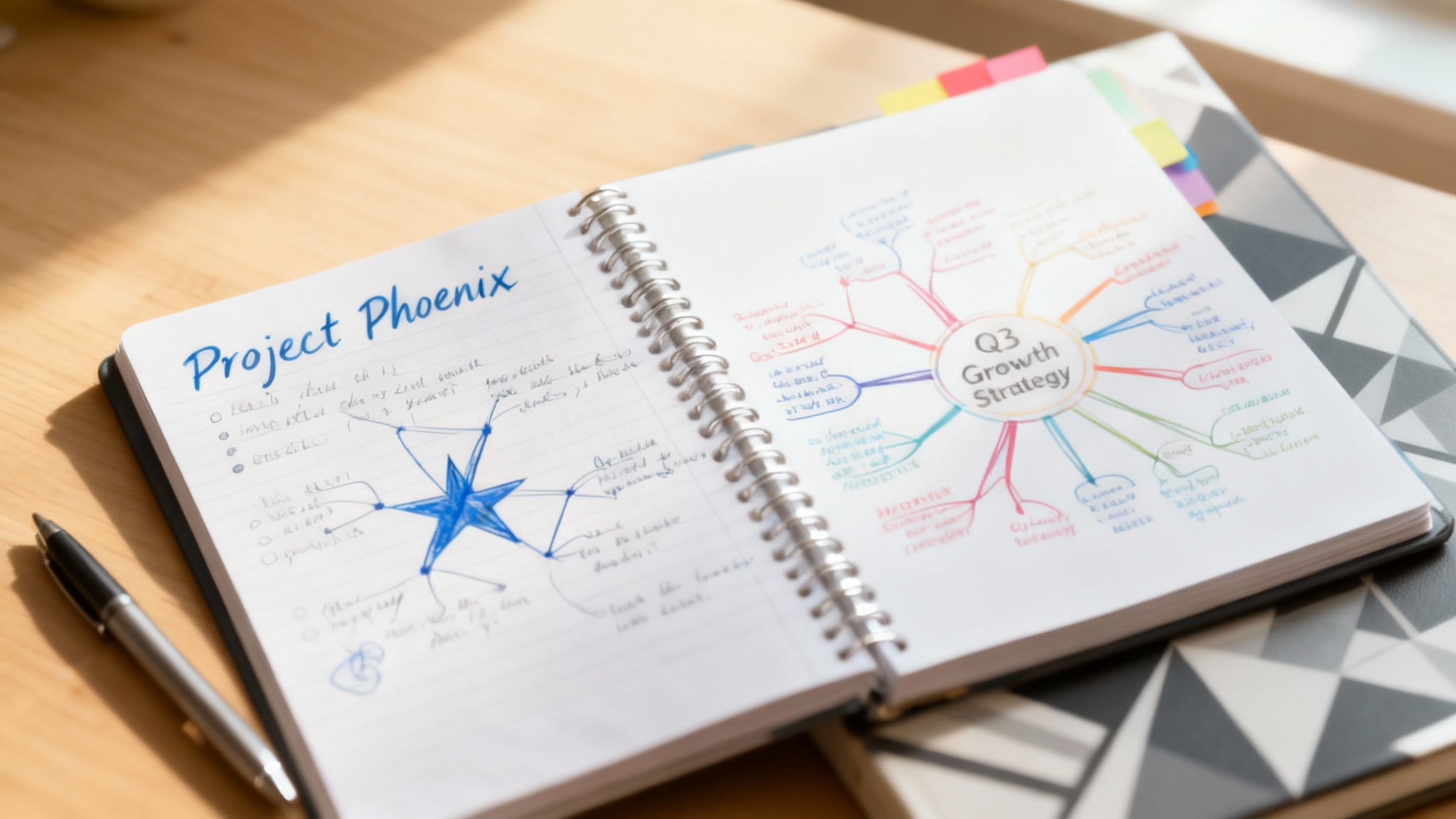 A photorealistic mockup of an open spiral notebook on a wooden desk. The left page shows organized handwritten notes, and the right page displays a colorful mind map. The notebook has a geometric cover and is presented in a clean, professional style.