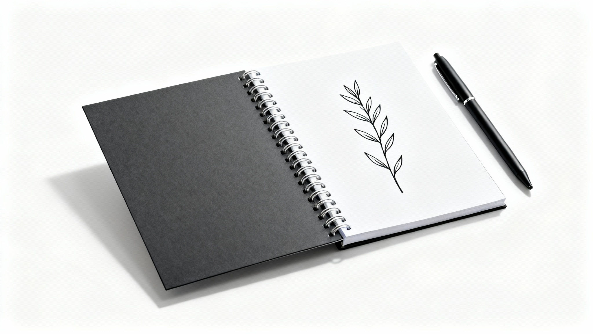 A professional mockup of an open spiral notebook with a dark gray cover and a botanical line drawing on the page, set against a plain white background with a black pen nearby.