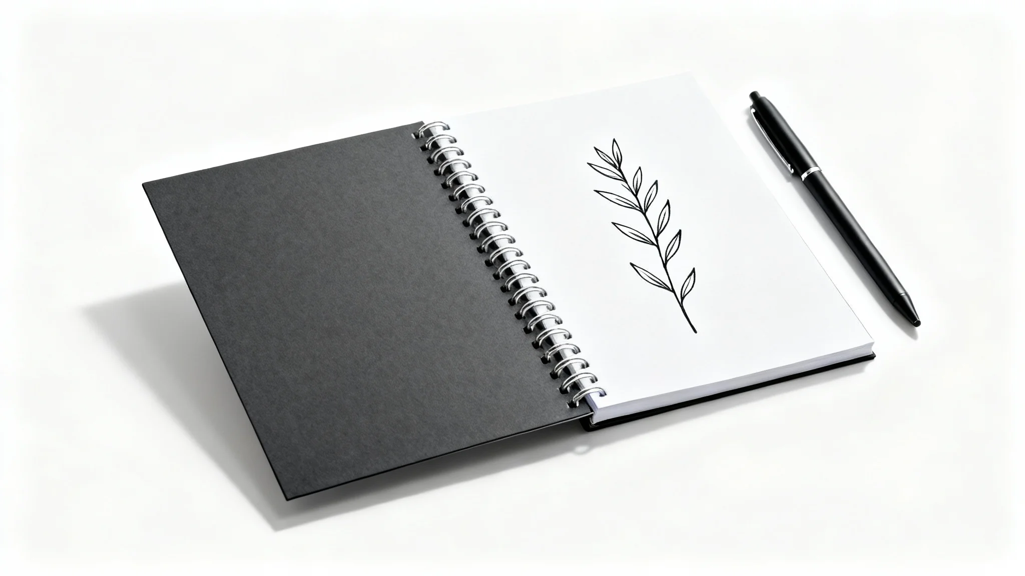 A professional mockup of an open spiral notebook with a dark gray cover and a botanical line drawing on the page, set against a plain white background with a black pen nearby.