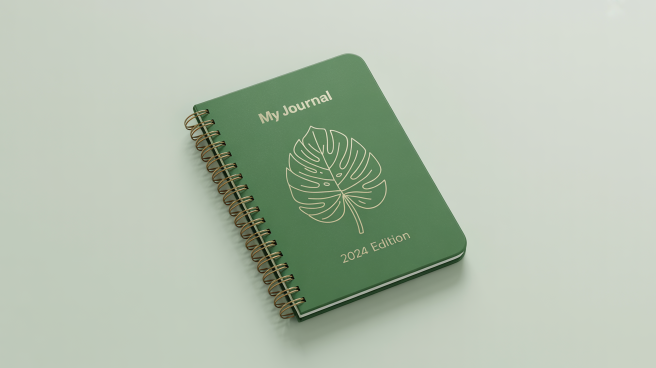 A professional mockup of a spiral notebook with a forest green cover, a gold foil monstera leaf design, and the title 'My Journal'.