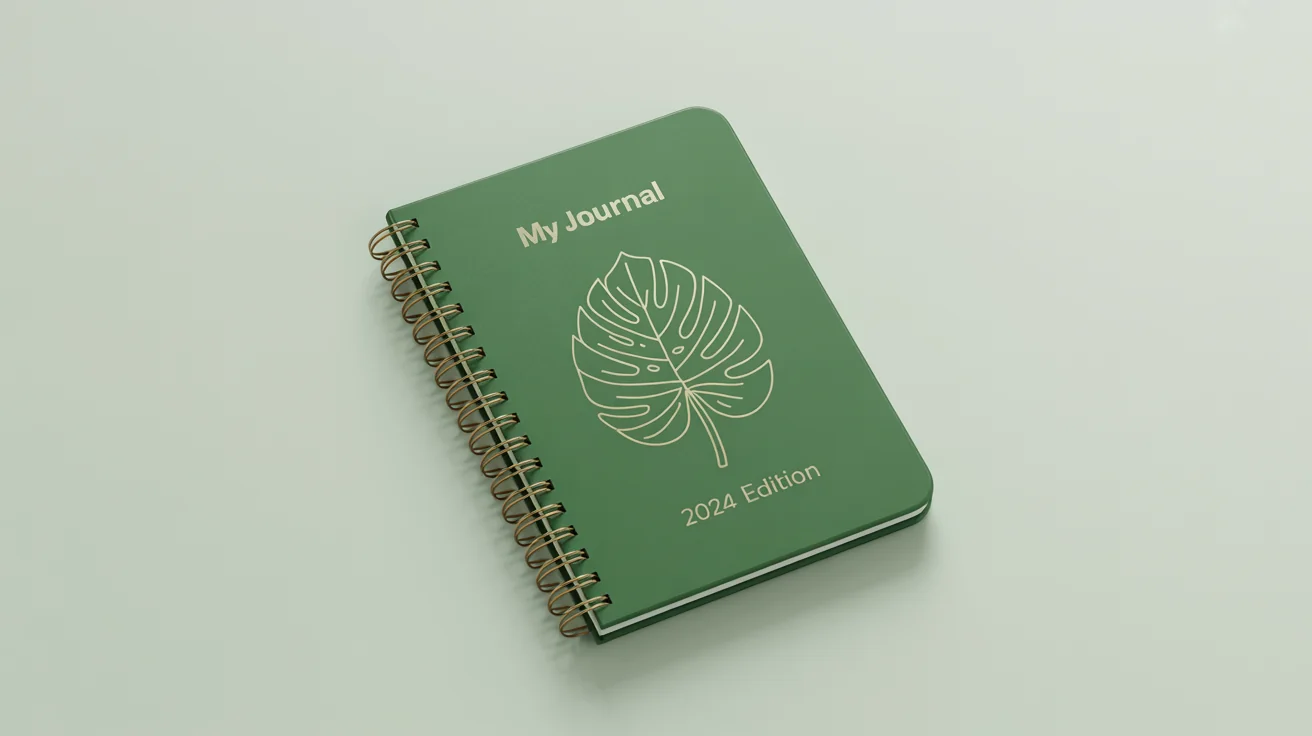 A professional mockup of a spiral notebook with a forest green cover, a gold foil monstera leaf design, and the title 'My Journal'.