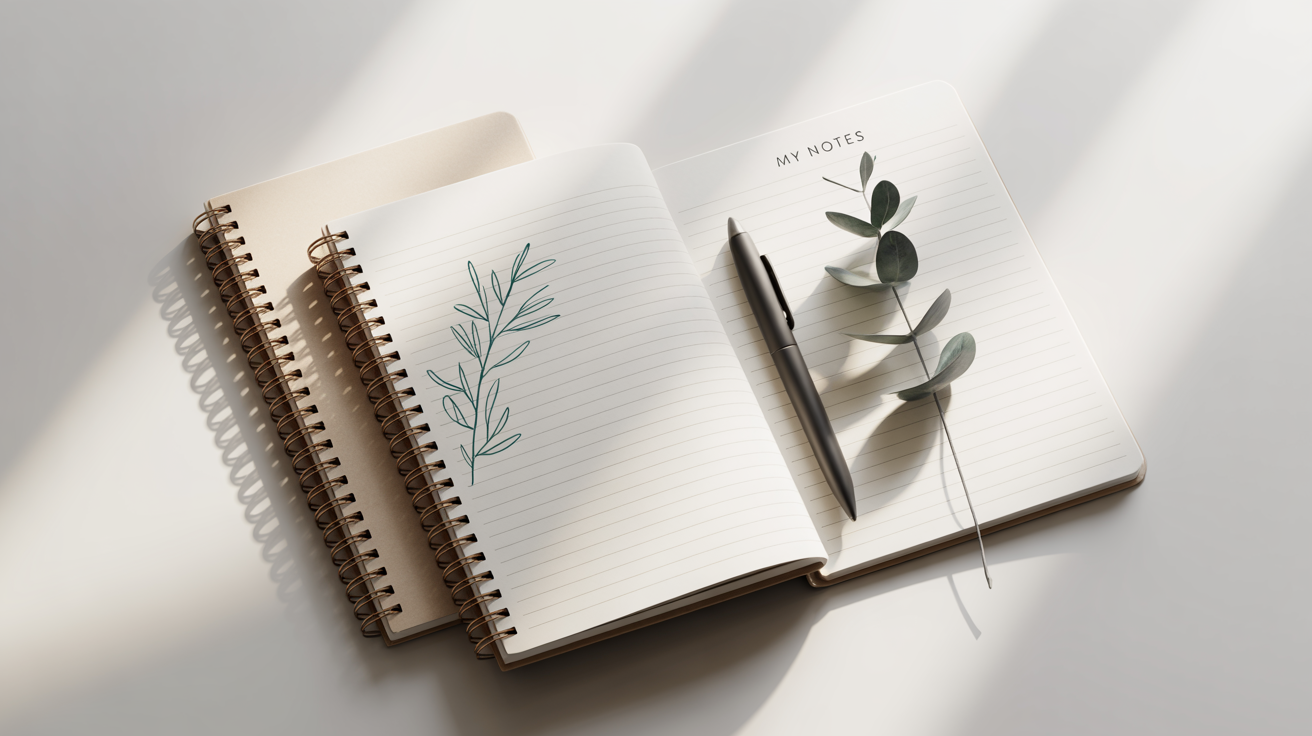 A professional mockup of two spiral notebooks on a white background. One is open to blank lined pages with the words 'My Notes', and the other is closed, showing a minimalist botanical cover.