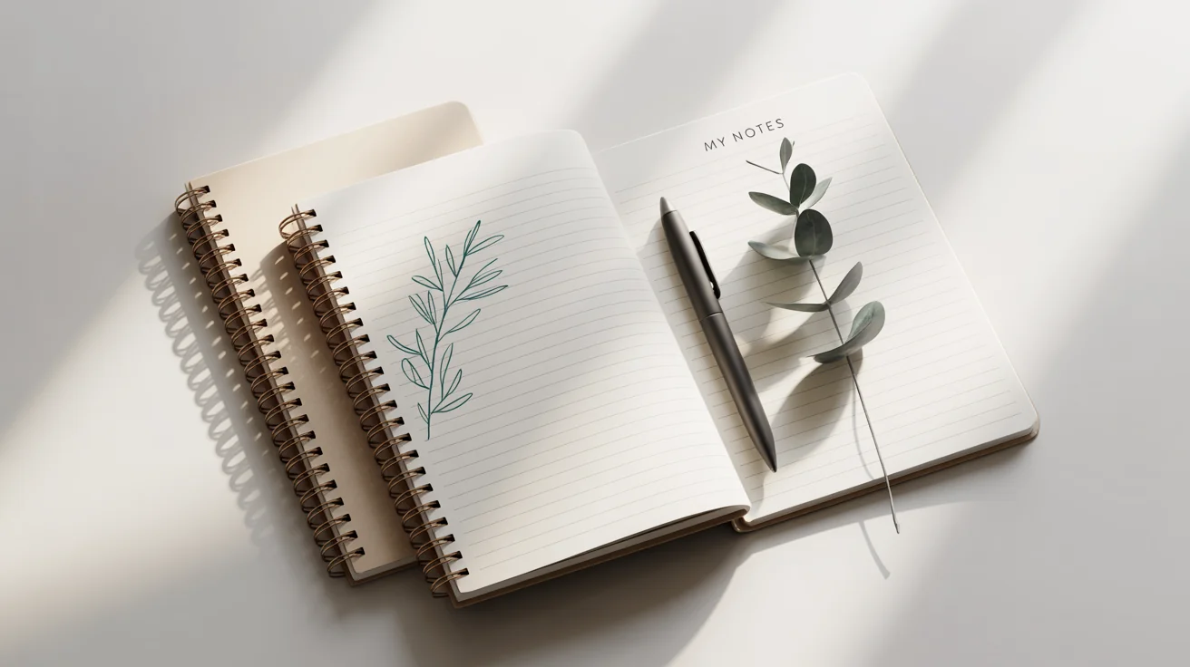 A professional mockup of two spiral notebooks on a white background. One is open to blank lined pages with the words 'My Notes', and the other is closed, showing a minimalist botanical cover.