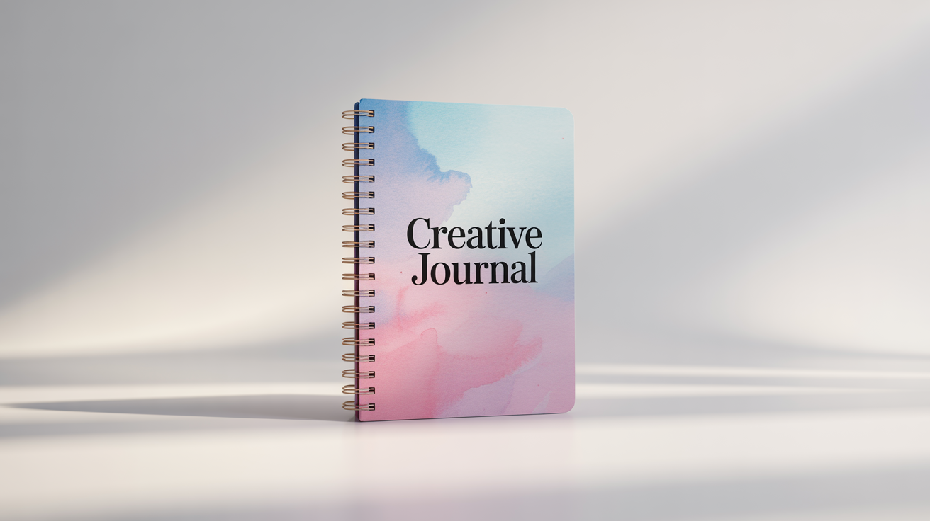 A photorealistic mockup of a spiral notebook with a pastel watercolor cover design and the text 'Creative Journal', angled slightly on a pure white background.