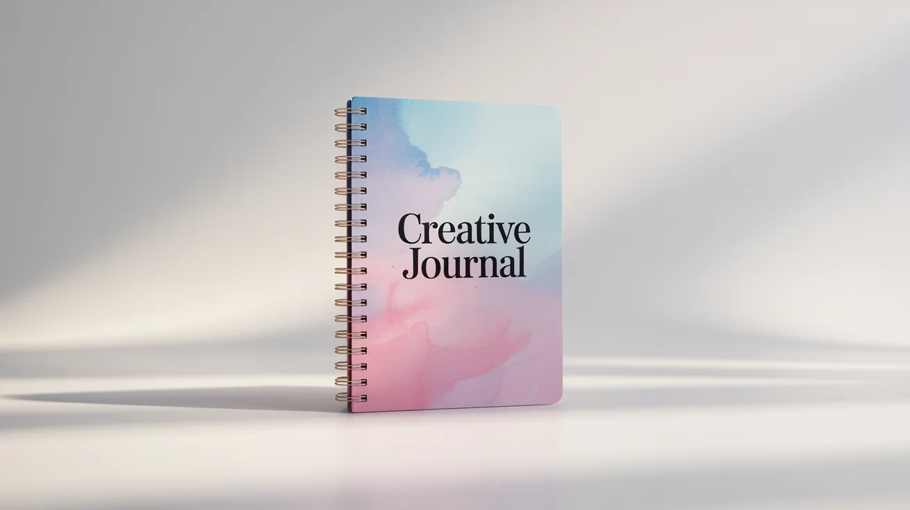 A photorealistic mockup of a spiral notebook with a pastel watercolor cover design and the text 'Creative Journal', angled slightly on a pure white background.
