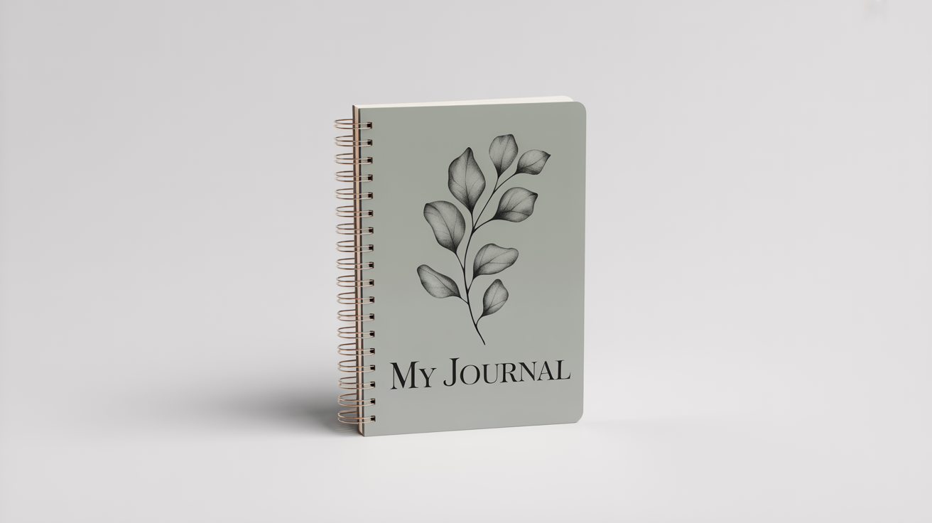 A photorealistic mockup of a spiral notebook with a gray cover, featuring a simple eucalyptus branch drawing and the text 'My Journal', on a white background.