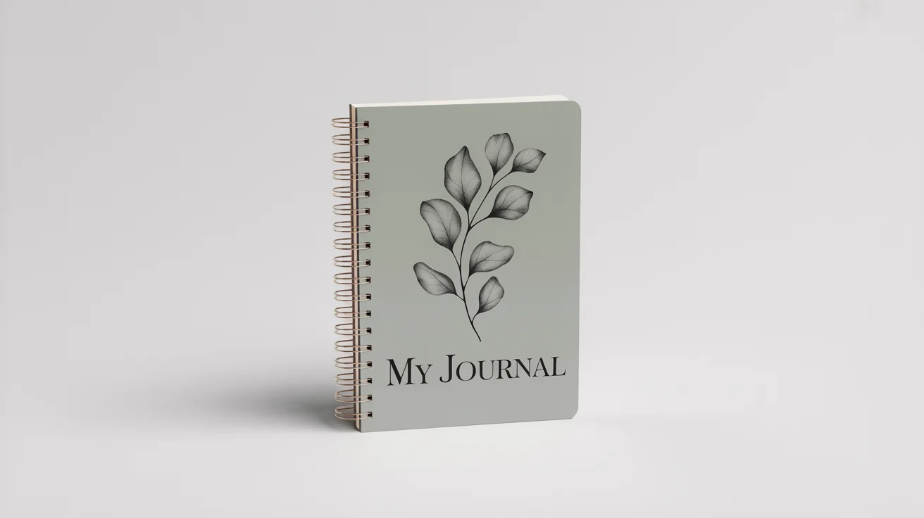 A photorealistic mockup of a spiral notebook with a gray cover, featuring a simple eucalyptus branch drawing and the text 'My Journal', on a white background.