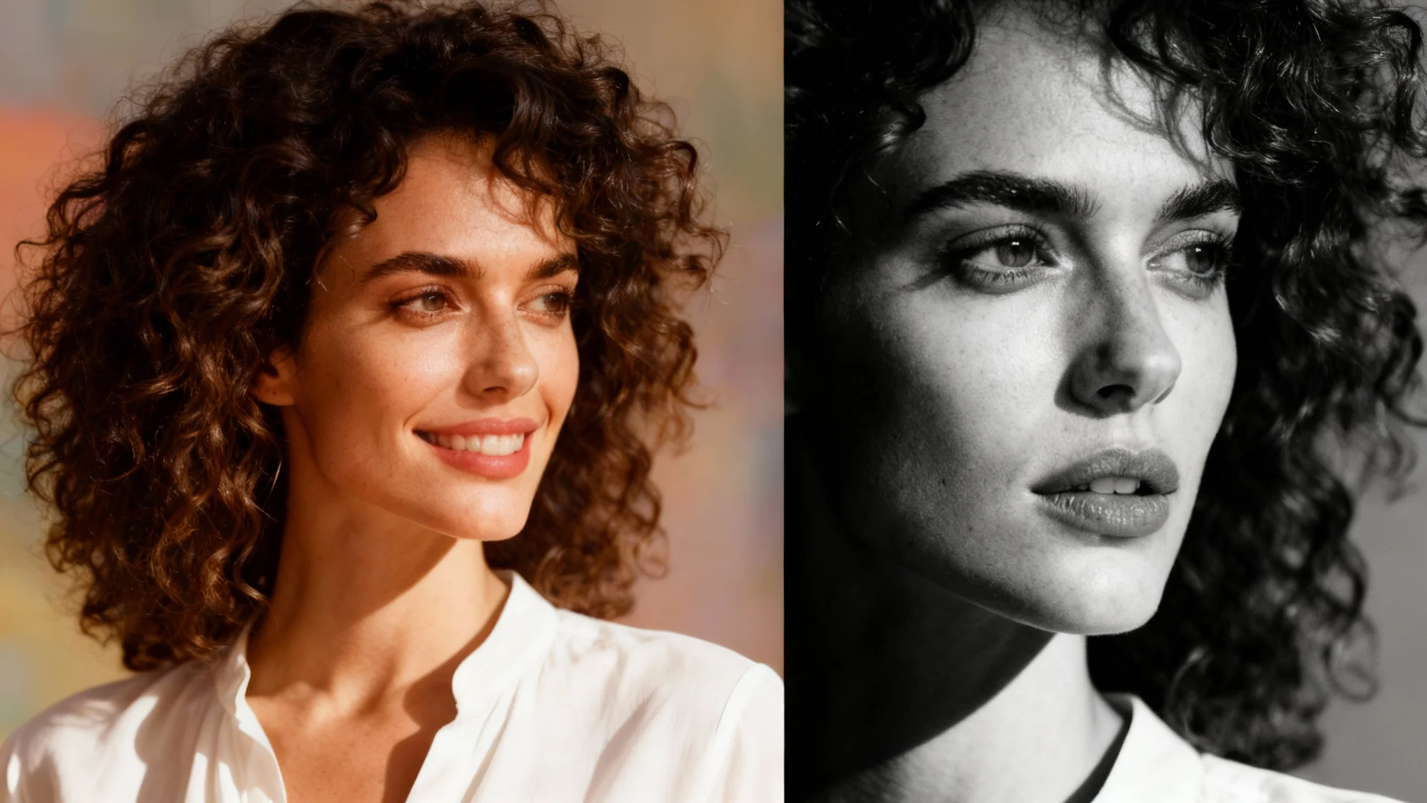 A side-by-side comparison image showing a photo being converted to grayscale. The left side is a color photo of a smiling woman with curly hair, and the right side is the same photo in dramatic black and white.