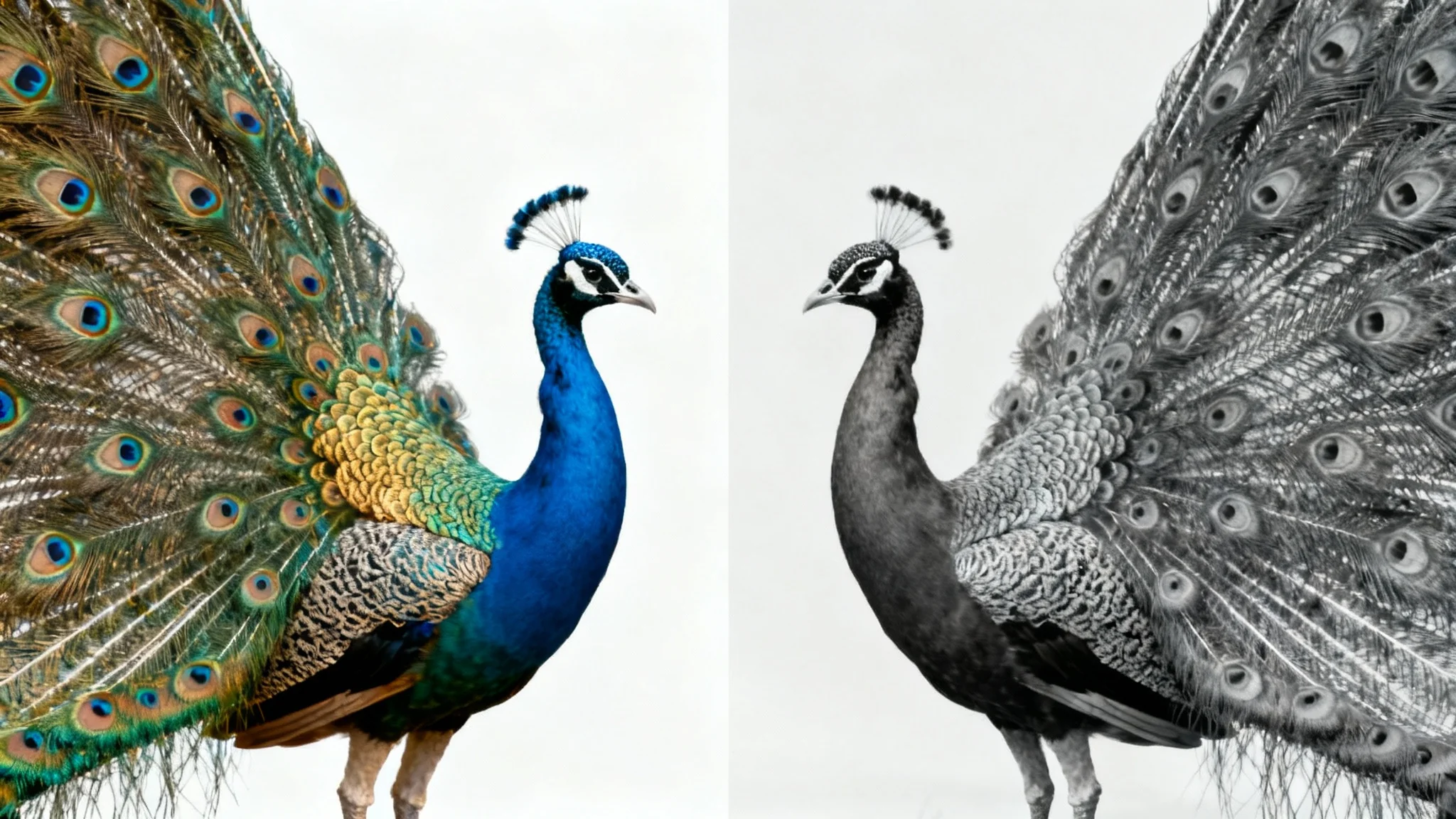 A split image demonstrating a photo to grayscale effect. The left side shows a peacock with its colorful feathers, and the right side shows the same image in high-contrast black and white.