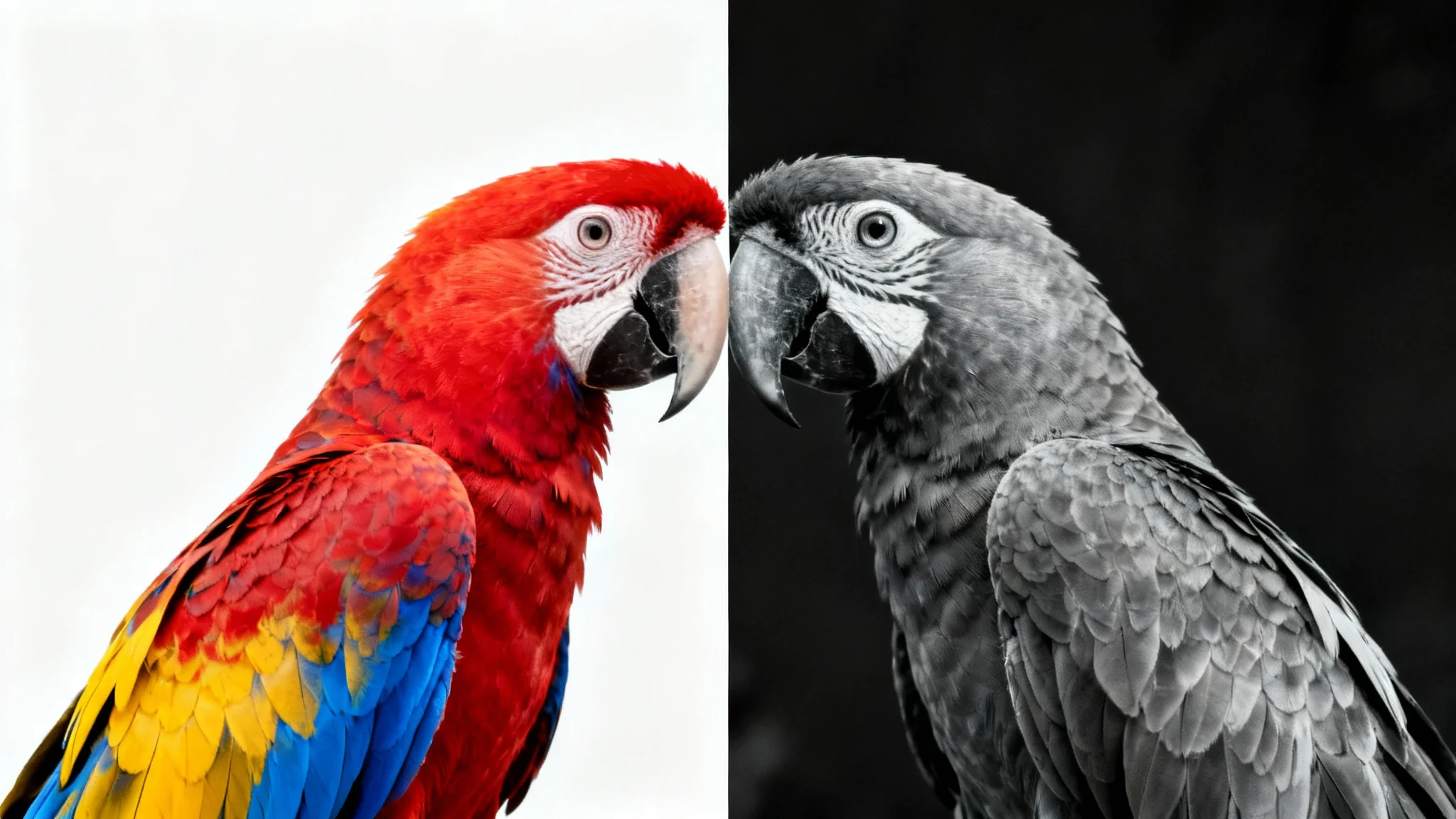A photo of a parrot split down the middle, with the left side in vibrant color and the right side in high-contrast black and white, demonstrating a grayscale effect.