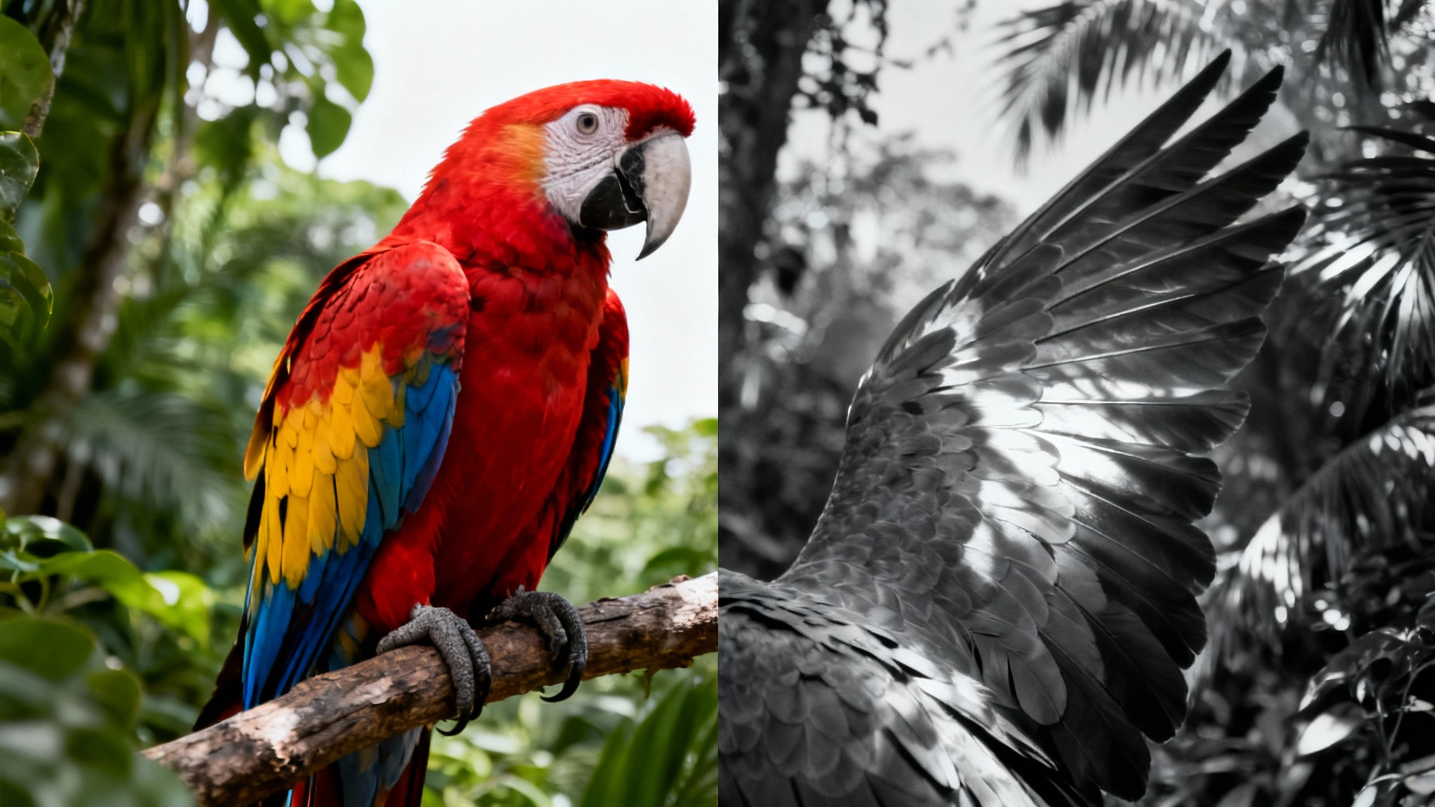 A conceptual image demonstrating a photo to grayscale effect, split down the middle. The left half shows a colorful parrot in a jungle, while the right half shows the same image in dramatic black and white.