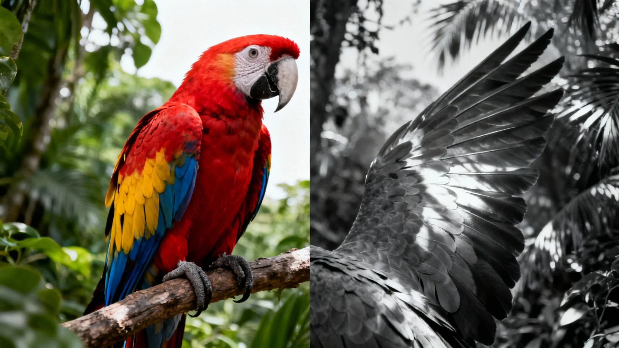 A conceptual image demonstrating a photo to grayscale effect, split down the middle. The left half shows a colorful parrot in a jungle, while the right half shows the same image in dramatic black and white.