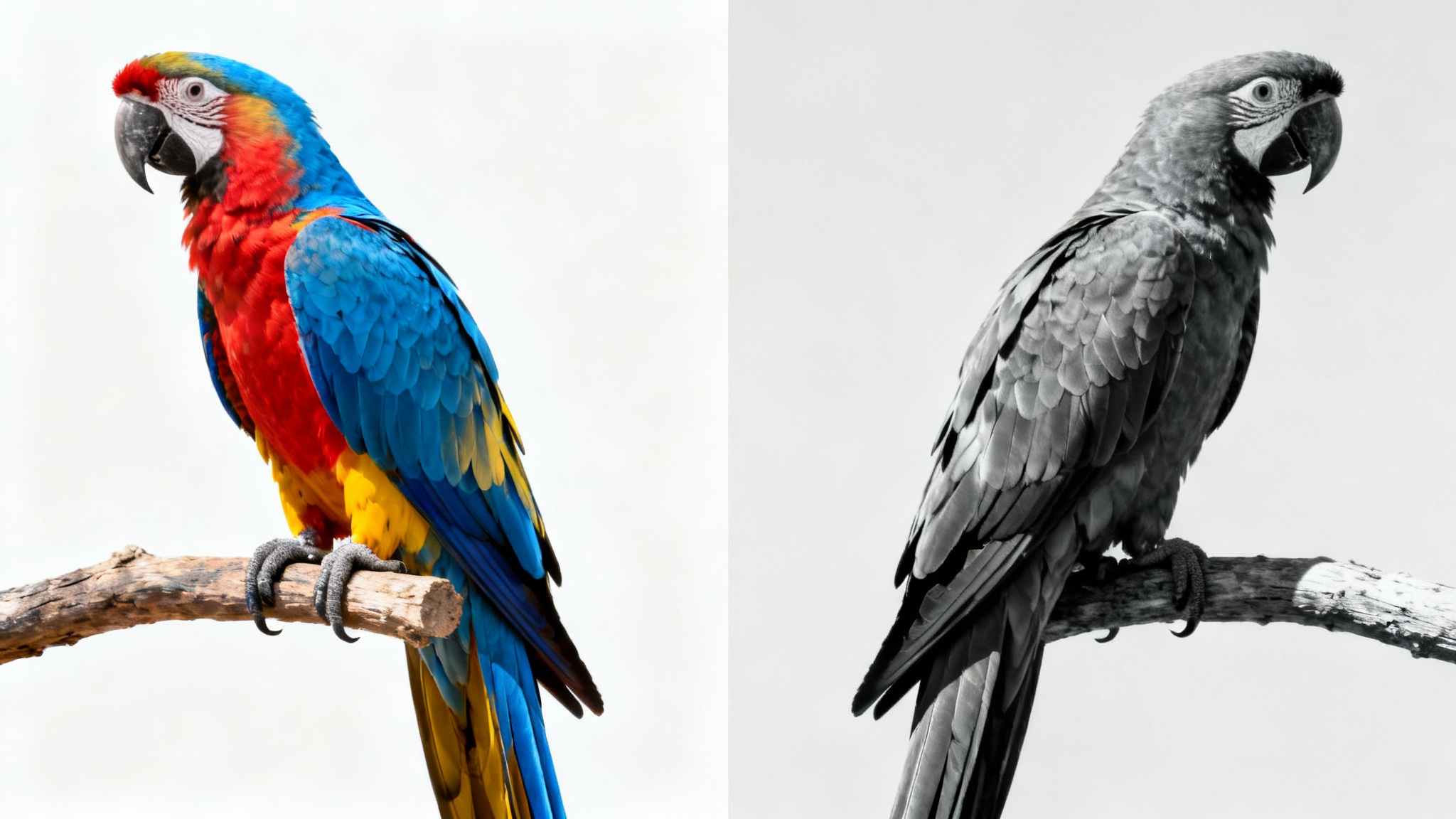 An image split in half: the left side shows a colorful parrot, and the right side shows the same parrot in black and white, demonstrating a photo to grayscale effect.