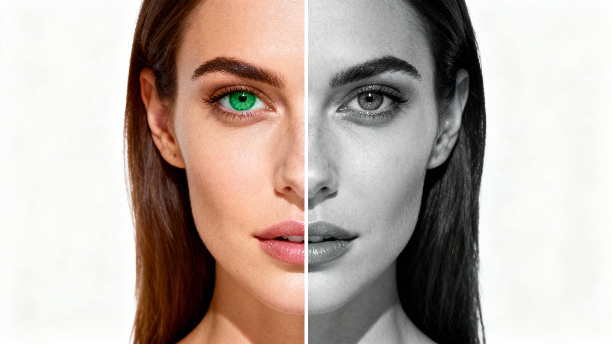 A close-up portrait of a woman, split vertically. The left half is in vibrant color, showing her green eyes and warm skin. The right half is in dramatic black and white, illustrating the photo to grayscale effect.