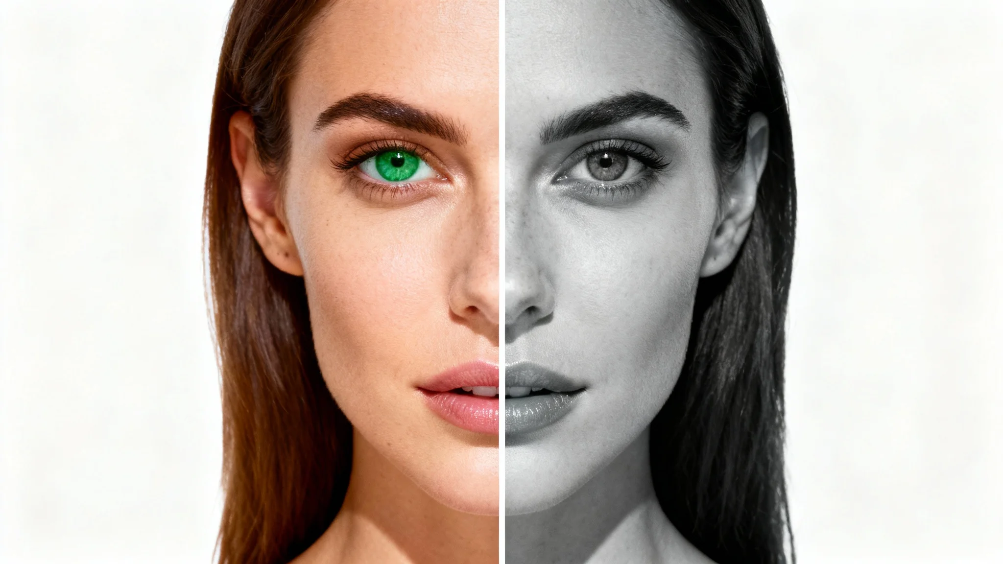 A close-up portrait of a woman, split vertically. The left half is in vibrant color, showing her green eyes and warm skin. The right half is in dramatic black and white, illustrating the photo to grayscale effect.