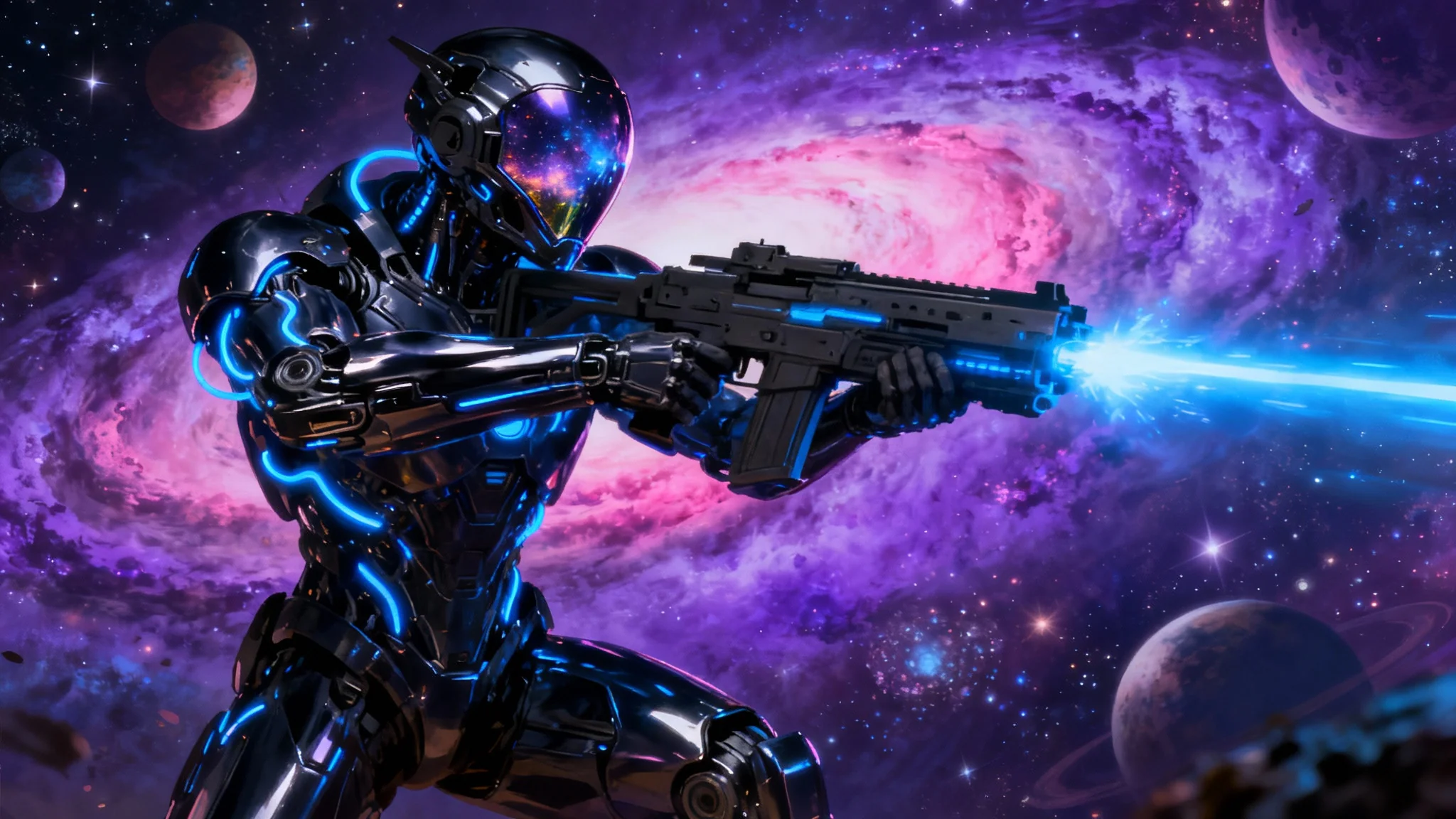 A hyper-realistic digital painting of a futuristic warrior in a sleek, dark metallic suit with glowing blue lines, standing in a heroic pose against a backdrop of a vibrant purple and pink nebula in space.