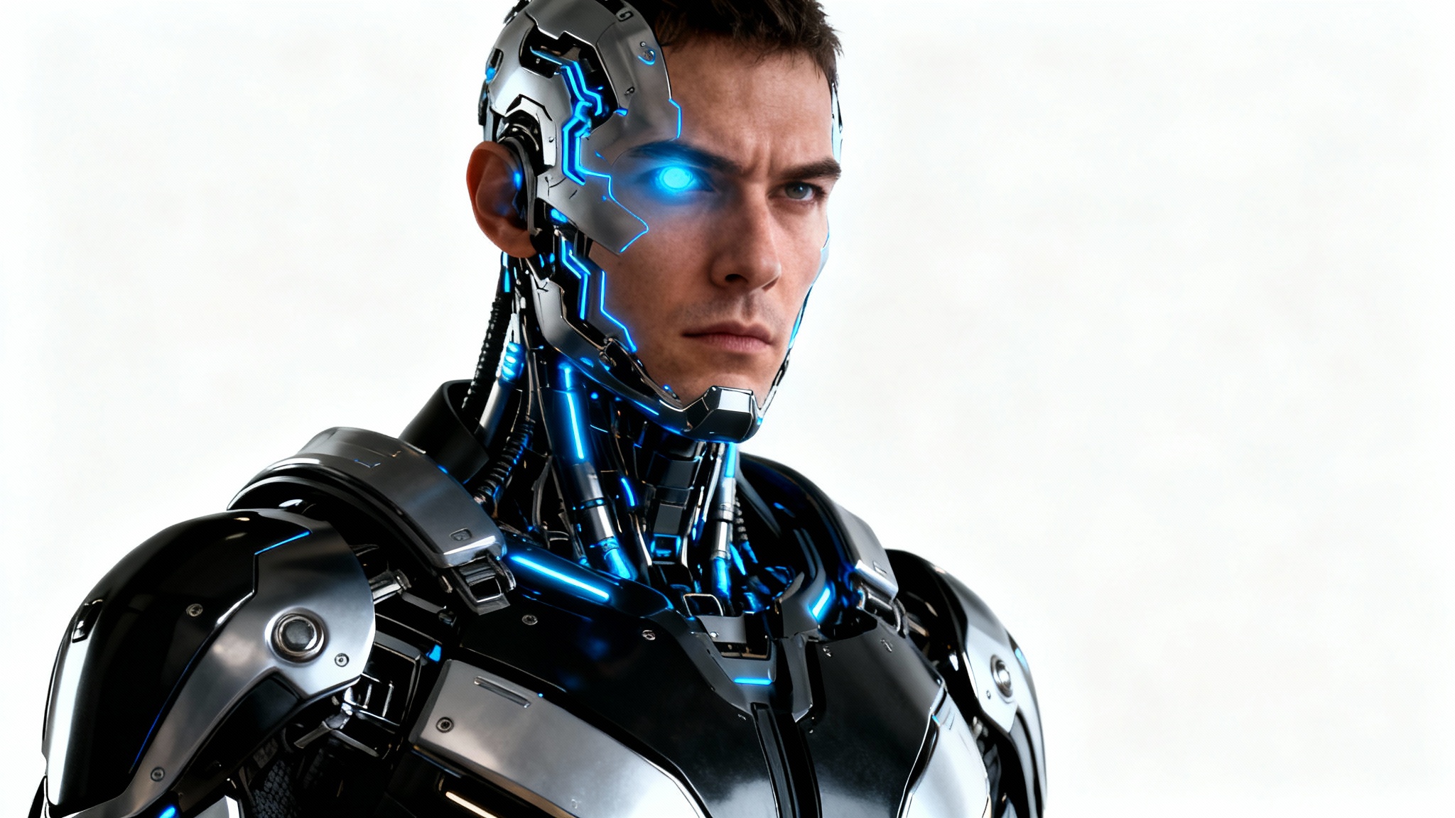 A hyper-realistic concept art piece of a sci-fi cyborg warrior with glowing blue implants and sleek armor, shown from the waist up against a solid white background.