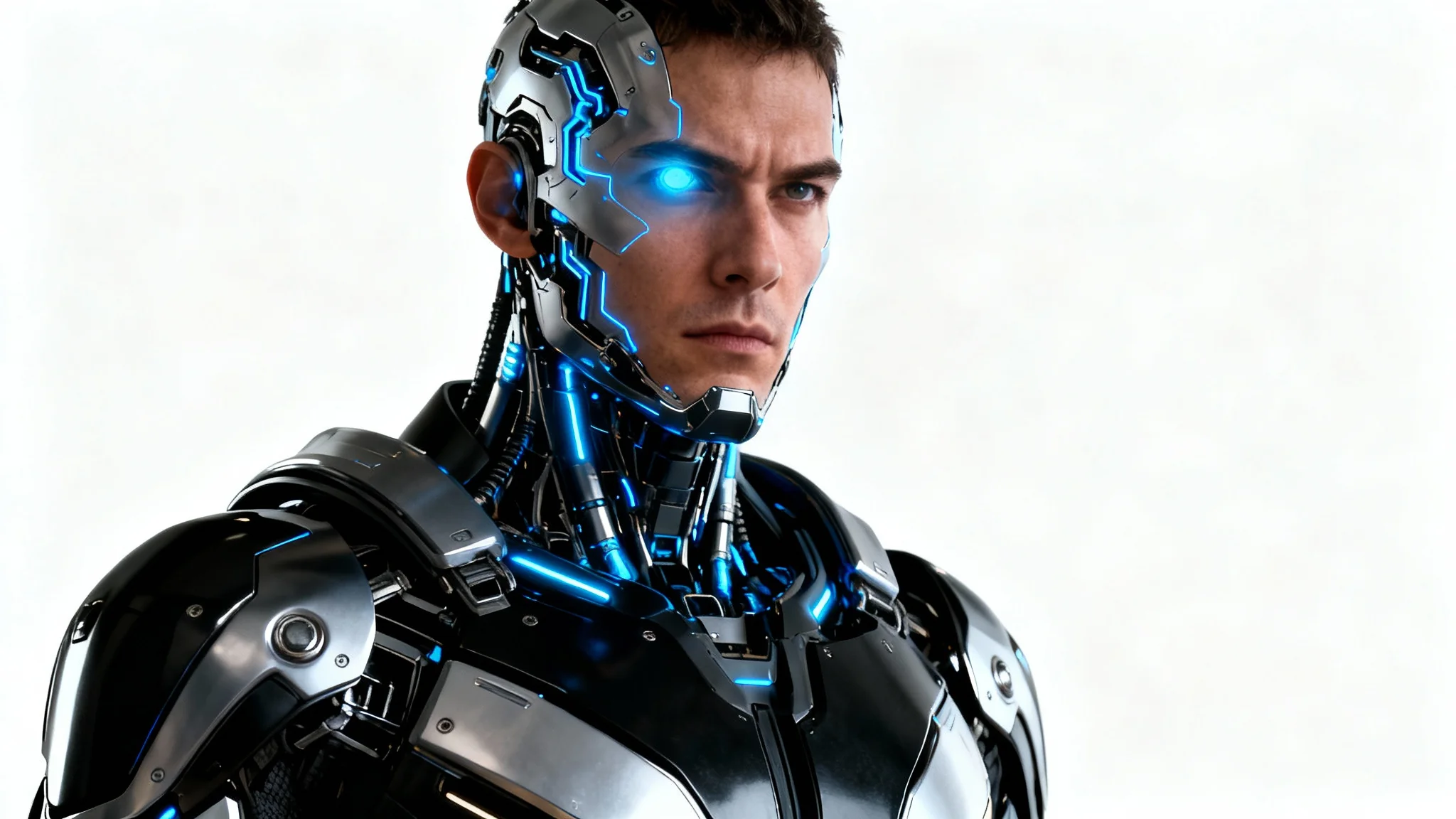 A hyper-realistic concept art piece of a sci-fi cyborg warrior with glowing blue implants and sleek armor, shown from the waist up against a solid white background.