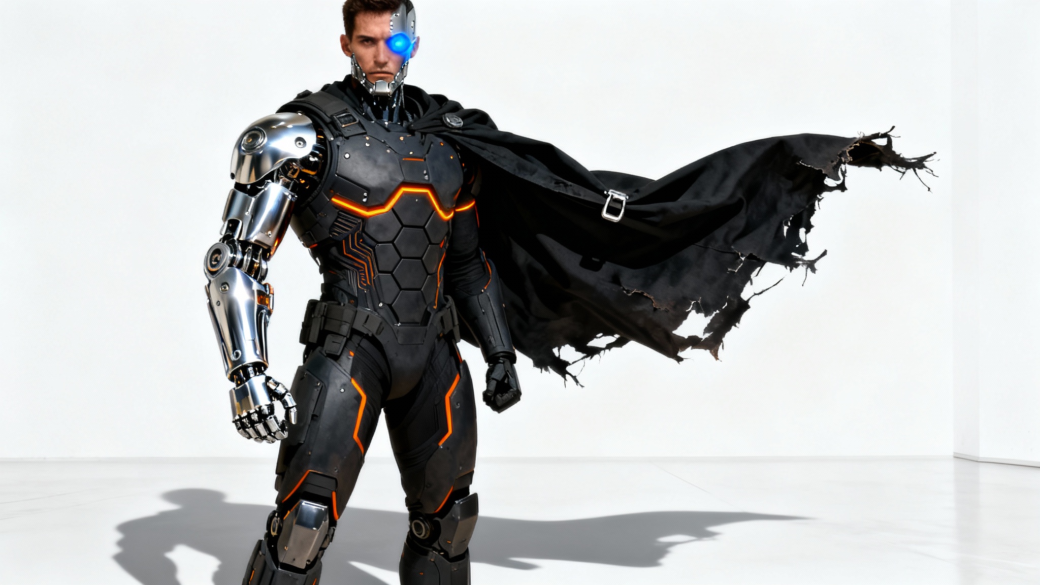 A hyper-realistic concept art illustration of a male cyborg warrior in dark tactical armor with a chrome prosthetic arm, standing against a plain white background.