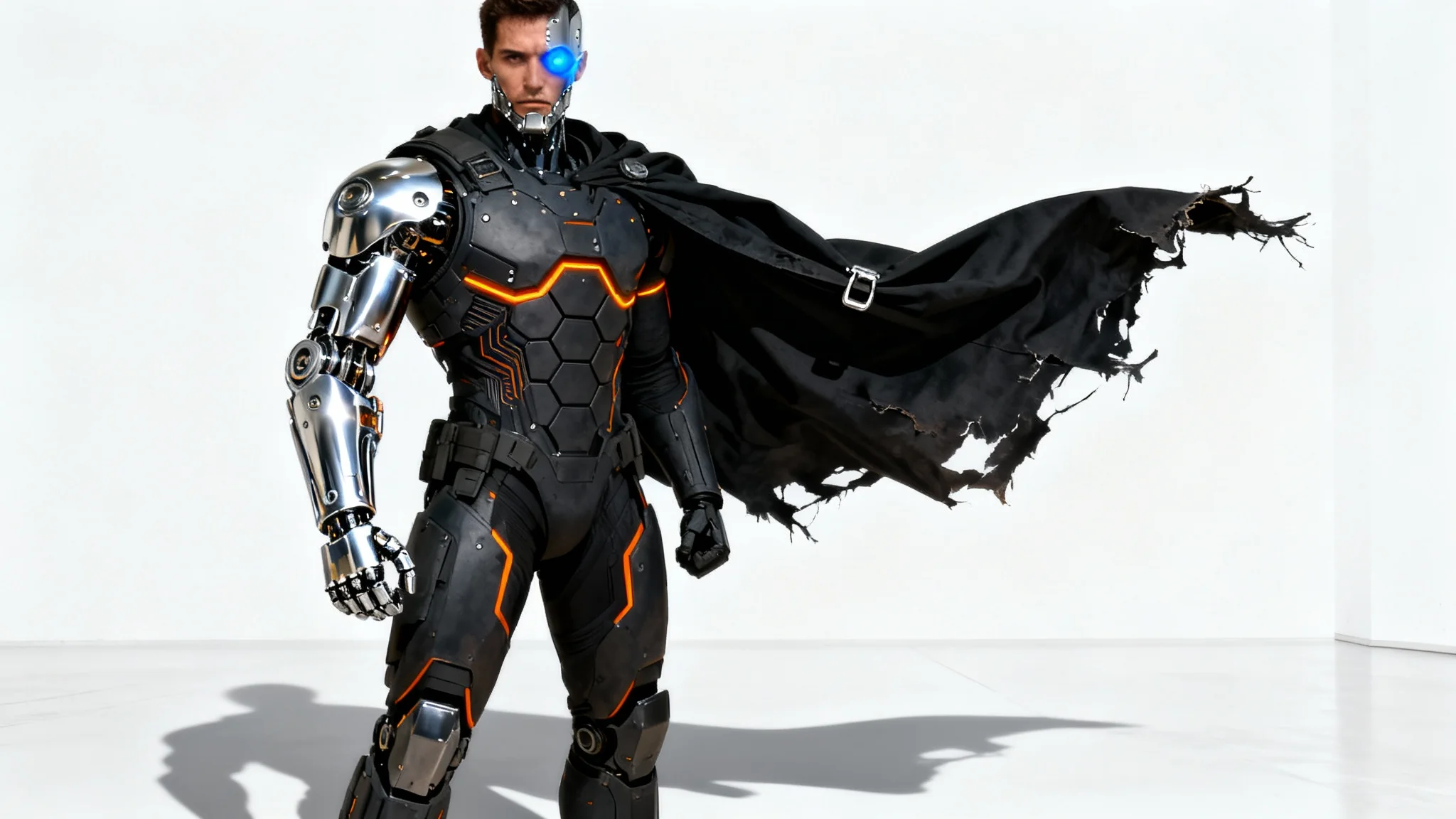 A hyper-realistic concept art illustration of a male cyborg warrior in dark tactical armor with a chrome prosthetic arm, standing against a plain white background.
