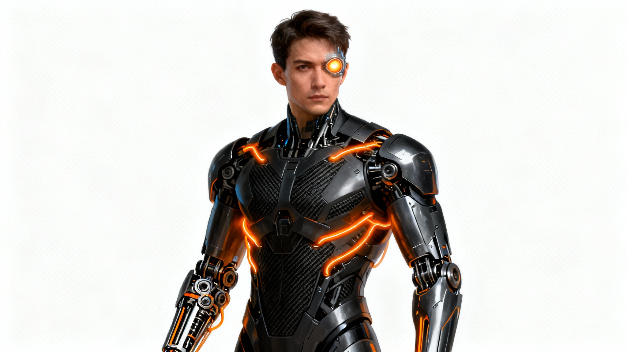 A full-body concept art of a male sci-fi cyborg character in dark, futuristic armor with glowing orange details, set against a plain white background.
