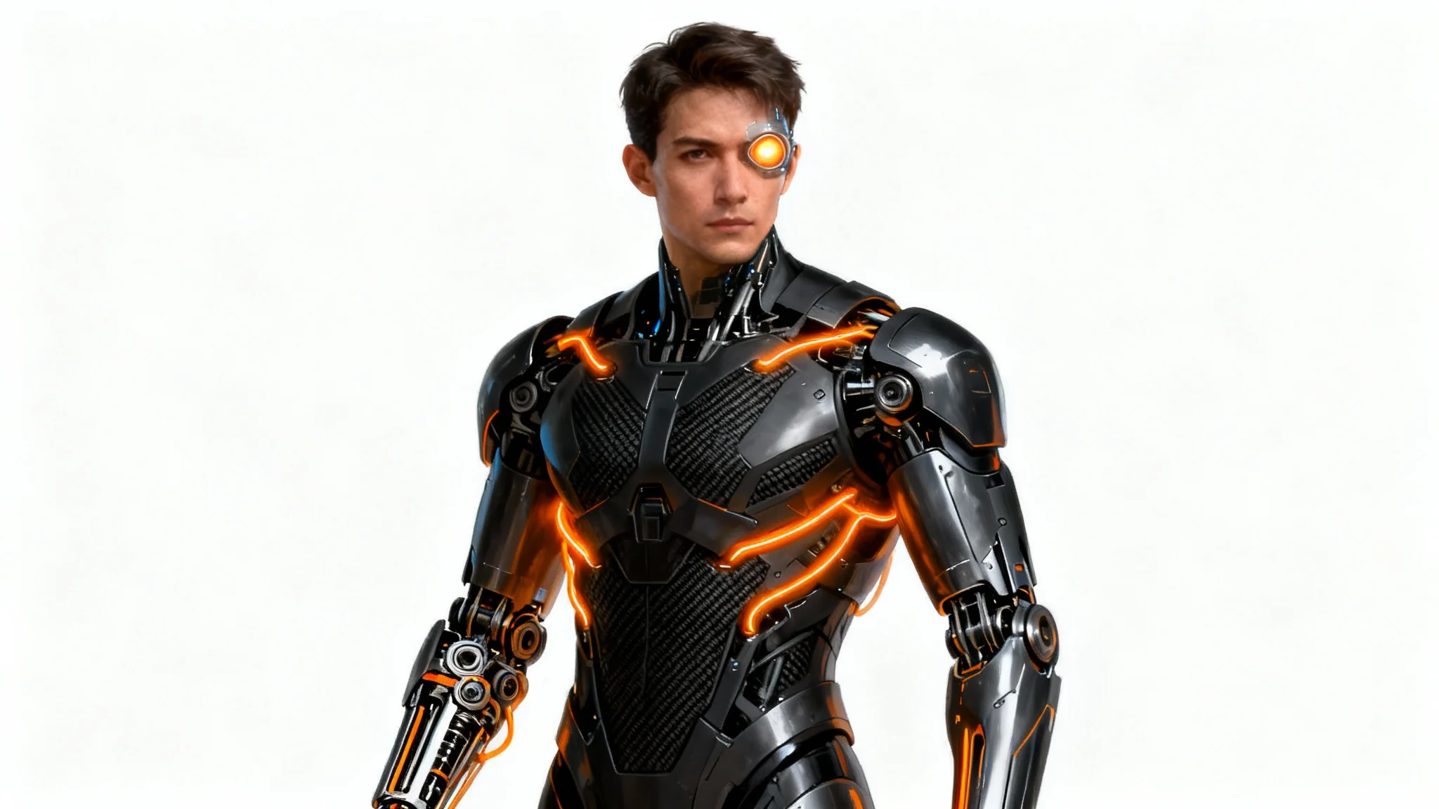 A full-body concept art of a male sci-fi cyborg character in dark, futuristic armor with glowing orange details, set against a plain white background.