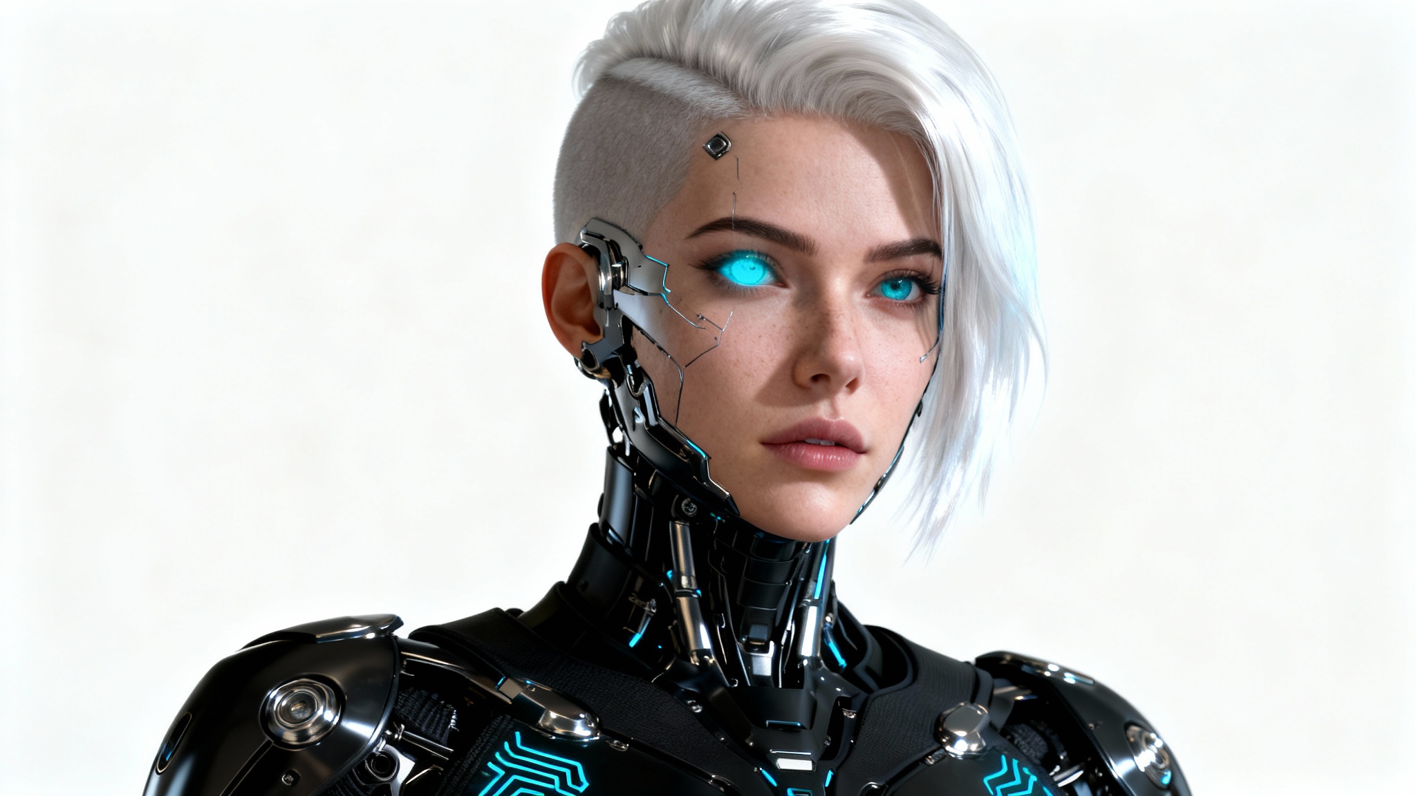 A hyper-realistic concept art portrait of a female cyborg with platinum white hair and a glowing cyan eye, wearing futuristic black armor, set against a plain white background.