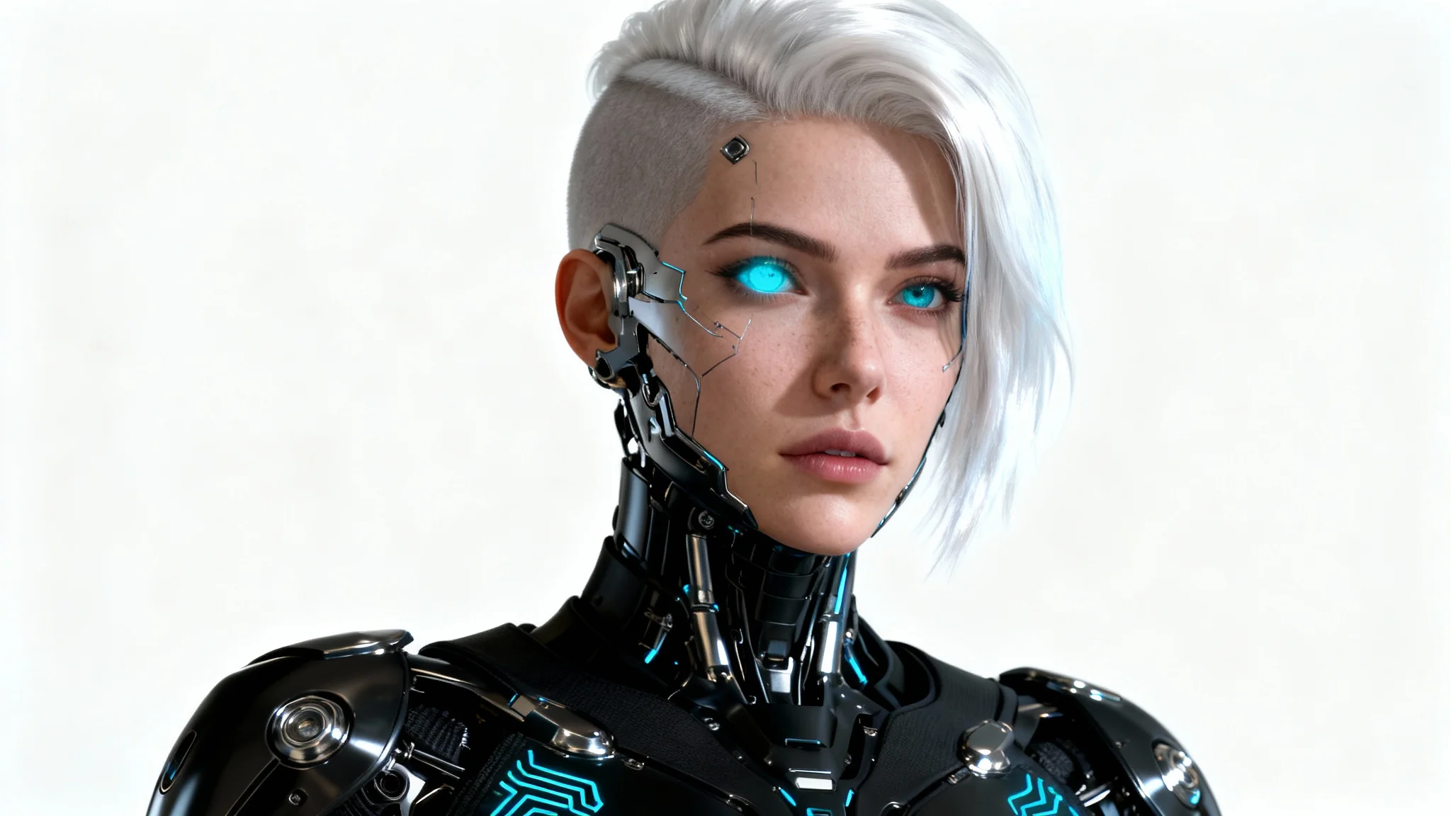 A hyper-realistic concept art portrait of a female cyborg with platinum white hair and a glowing cyan eye, wearing futuristic black armor, set against a plain white background.