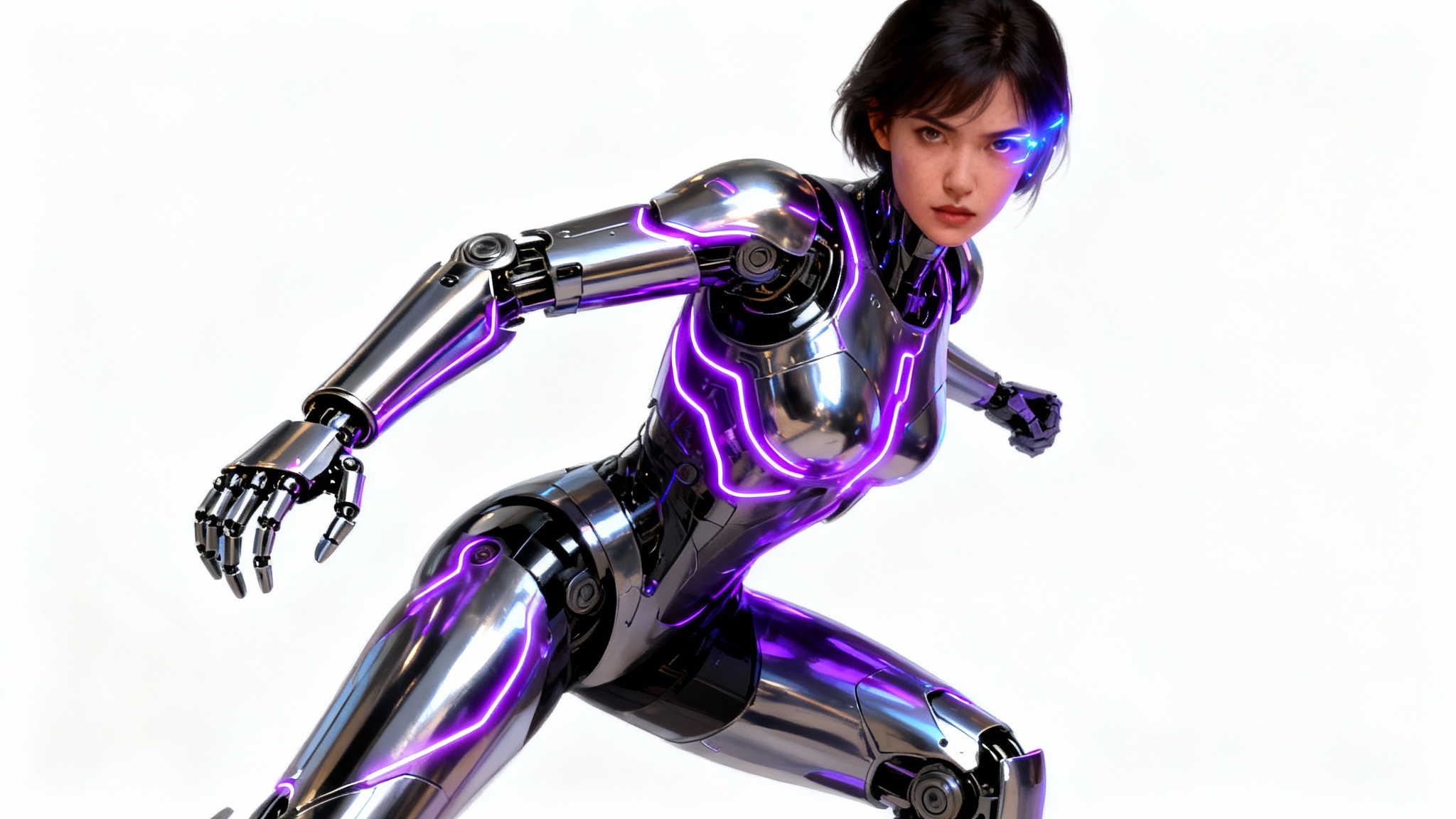 A hyper-realistic digital painting of a female sci-fi warrior in detailed chrome armor with glowing purple lights, posing against a plain white background.