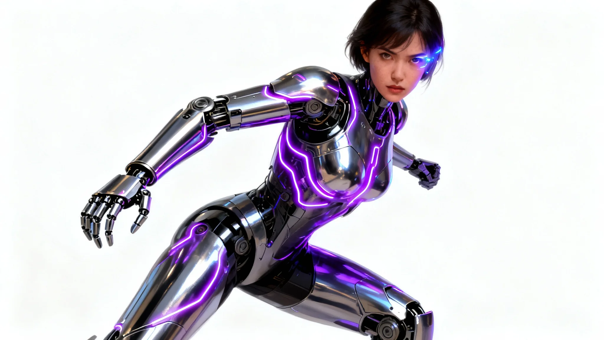 A hyper-realistic digital painting of a female sci-fi warrior in detailed chrome armor with glowing purple lights, posing against a plain white background.