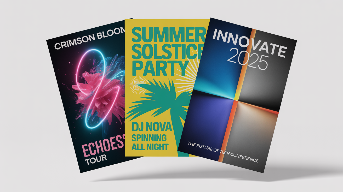 A collection of three professionally designed event posters for a rock concert, a summer party, and a tech conference, arranged dynamically against a clean white background.