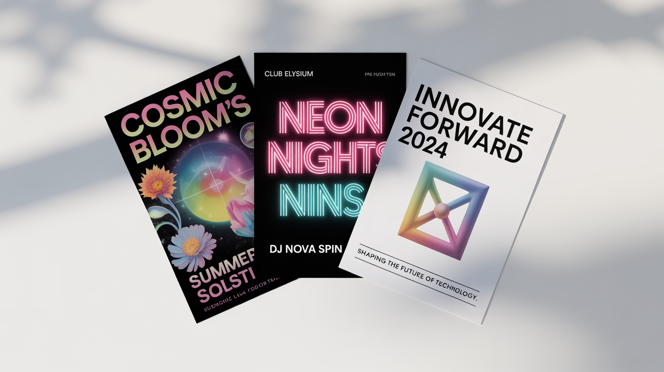 An eye-catching arrangement of three fictional event posters for a concert, a party, and a conference, displayed on a white background.