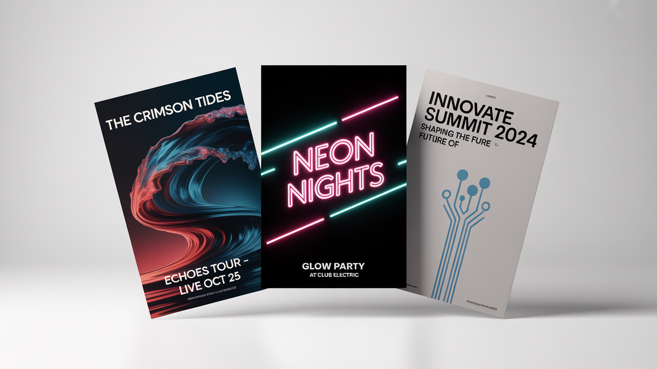 A mockup of three different event posters for a concert, a party, and a tech conference, arranged stylishly on a clean white background.